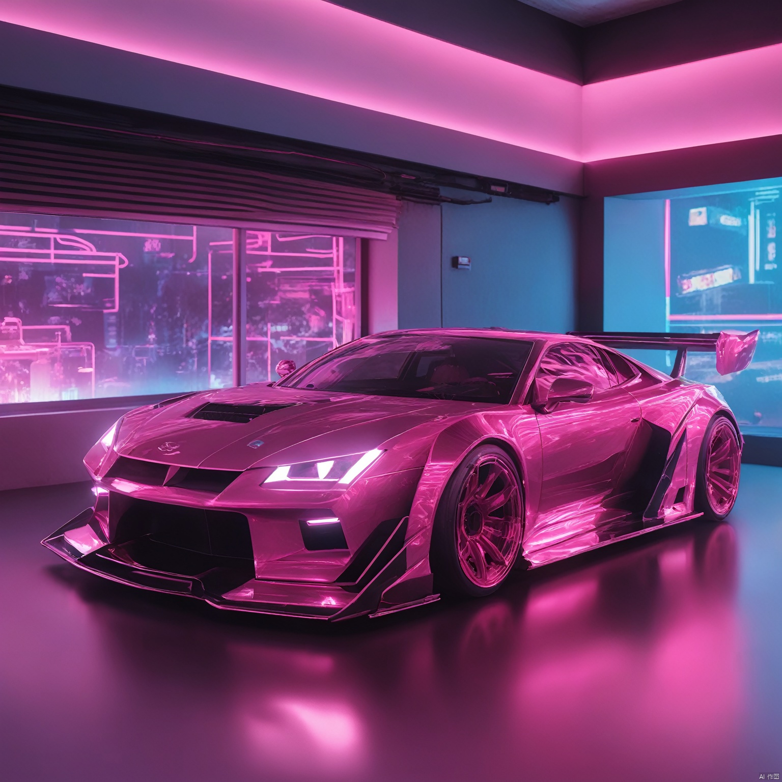  ultra highres, masterpiece, best quality, , car, from side, , cyberpunk, neon lights, pink theme, indoors, transparent, HUBG_Chinese_Jade