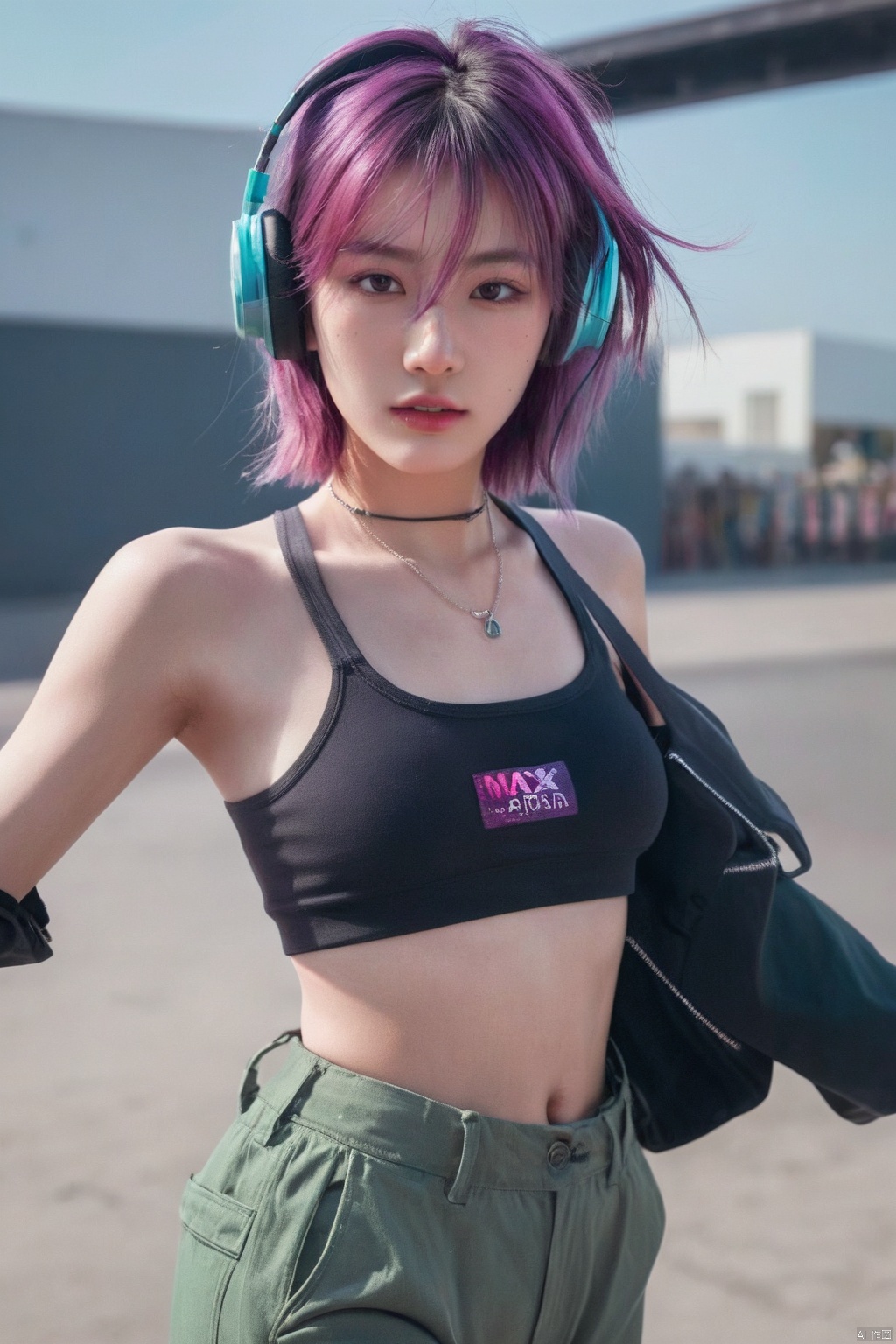  a award winning half body portrait of a beautiful girl in a croptop and cargo pants with ombre purple pink teal hairstyle with head in motion and hair flying listenin to music on headphones by wlop, paint splatter, outrun, vaporware,HDR, IMAX, 8K resolutions, ultra resolutions, magnificent, best quality, masterpiece,cinematic scenes, cinematic shots, cinematic lighting, volumetric lighting, ultra-detailed,