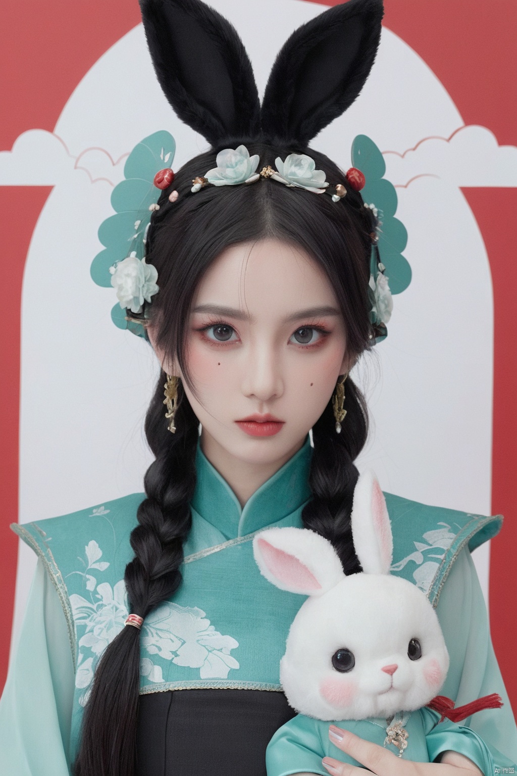  Illustration, digital art, anime style, hubggirl, red eyes, black hair, hair bun with accessories, traditional East Asian attire, rabbit ears headpiece, black and teal clothing, cloud pattern on garment, mystical, two black rabbits, one on shoulder and one in foreground, pale skin, blush on cheeks, serious expression, white background, portrait, upper body shot, artful composition, detailed line art, vibrant color contrast., HUBG_Beauty_Girl