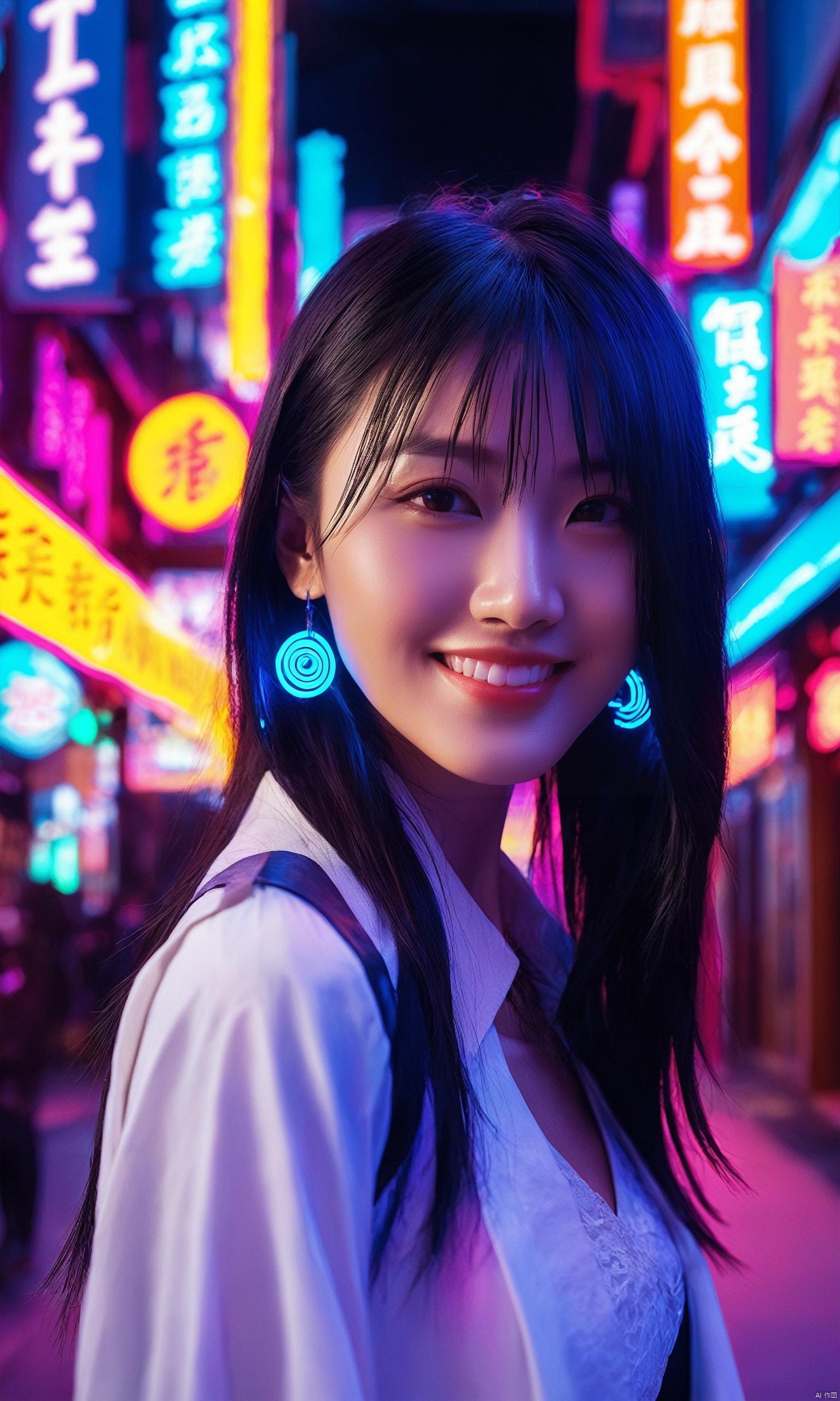 sci-fi magic and composition,intricate's diagram hray,fluorescence,cyberpunk,rich special effects,vivid color,neon city,cityscape,LED Light Bar,eastern,asian girl,dressed,smile,realistic,,