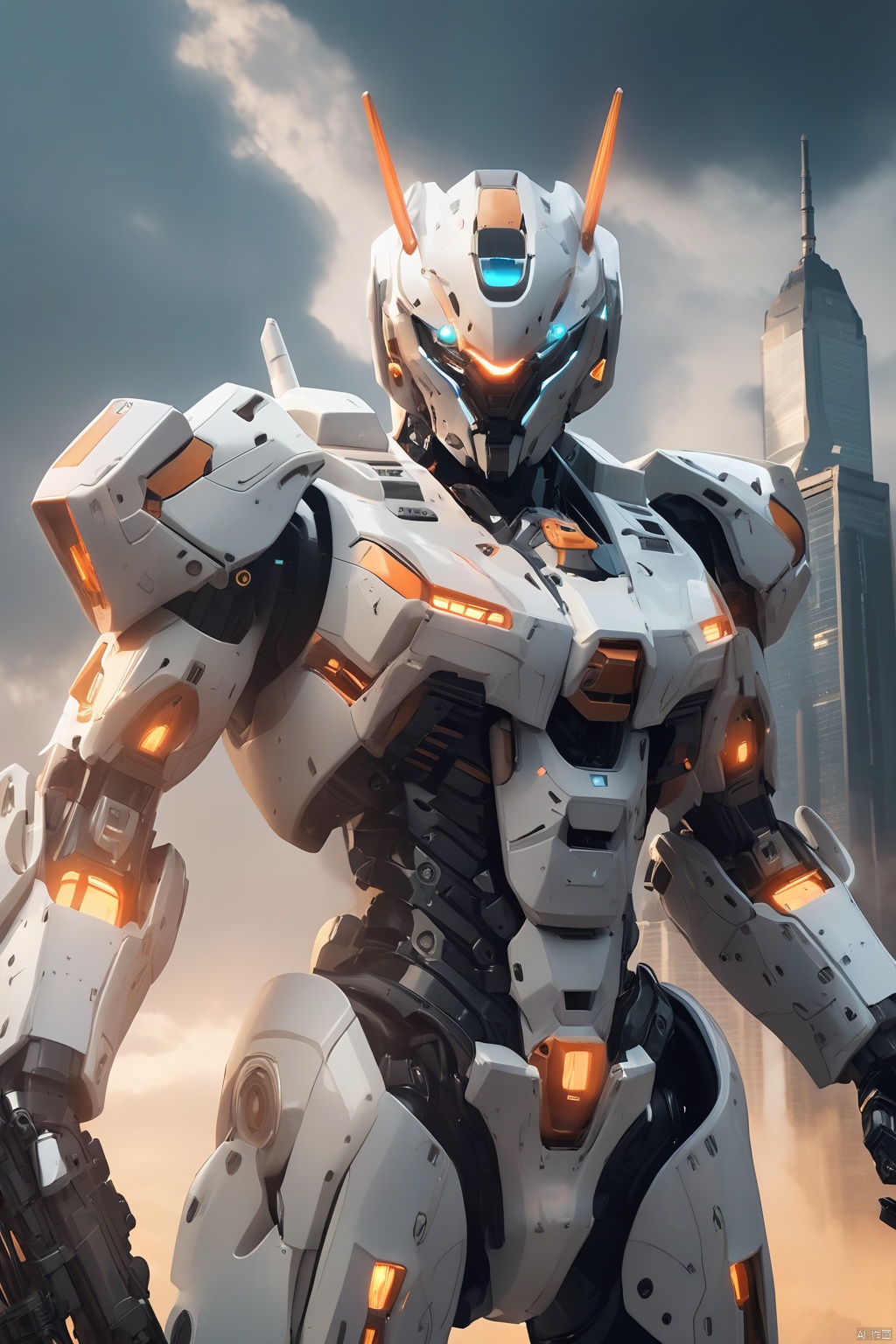  (masterpiece, best quality:1.2), Giant mecha, Vital Suits , building, city, city lights, cityscape, cloud, cloudy sky, destruction, evening, glowing, Luminous mecha, Complex mecha structure, White, orange, and black mecha, Strong mecha body, Multi light source mecha, Giant mecha firearms, full body, Super complex mechanical structure, holding gun, mecha, mountain, no humans, outdoors, power armor, realistic, ruins, science fiction, sky, skyline, skyscraper, smoke, weapon,