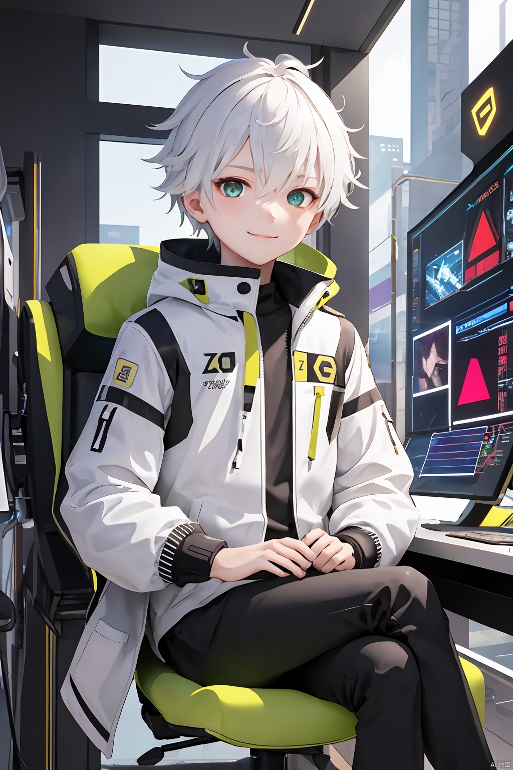 ZOTAC, solo, looking at viewer,shota, hair between eyes, closed mouth,green_eyes,jacket,male focus, white jacket,science fiction, Arso, machinery,sitting_down,smile, Cyberpunk Concept, robot
