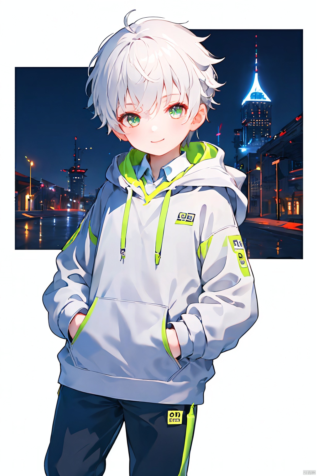  solo, looking at viewer, short hair, bangs, simple background, shirt, long sleeves, 1boy, city background, smile, jacket, male focus, cowboy shot, collared shirt, pants, hood, hoodie, black pants, hood down, grey jacket, hands in pockets, drawstring, ZOTAC