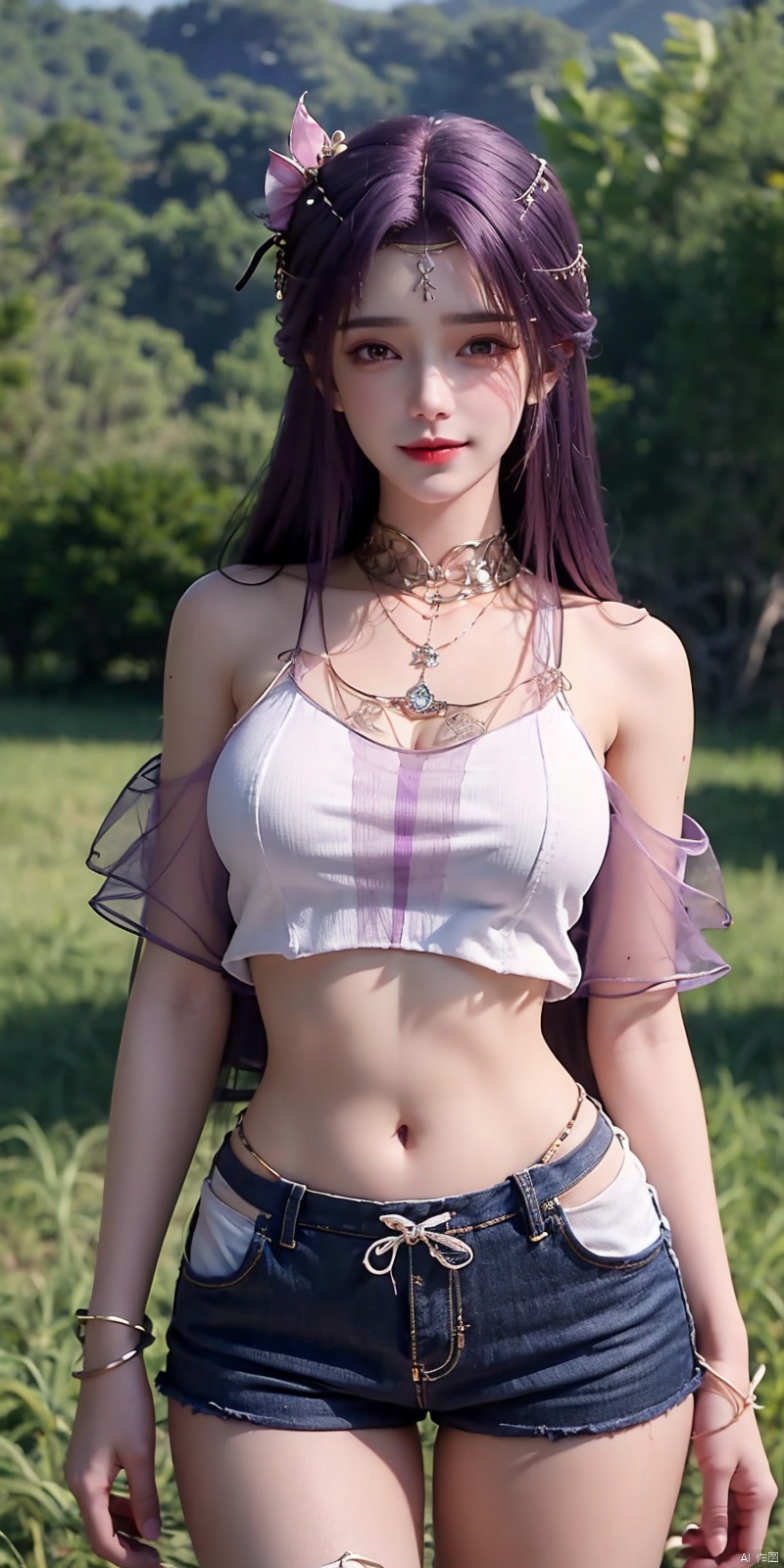  nai3, 1girl, shorts, solo, crop top, black shorts, choker, navel, shirt, midriff, crop top overhang, looking at viewer, white shirt, jewelry, breasts, cowboy shot, bare shoulders, short shorts, off-shoulder shirt, off shoulder, black choker, thighs, stomach, hand on own thigh, long hair, bracelet, short sleeves, ribbon, hand up, collarbone, hair ribbon, medium breasts, standing, high-waist shorts, dolphin shorts, bra strap, , hair ornament, thigh gap,  necklace, expressionless, , , yunxi,purple hair,purple eyes,kind smile