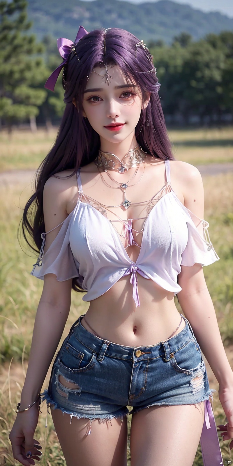  nai3, 1girl, shorts, solo, crop top, black shorts, choker, navel, shirt, midriff, crop top overhang, looking at viewer, white shirt, jewelry, breasts, cowboy shot, bare shoulders, short shorts, off-shoulder shirt, off shoulder, black choker, thighs, stomach, hand on own thigh, long hair, bracelet, short sleeves, ribbon, hand up, collarbone, hair ribbon, medium breasts, standing, high-waist shorts, dolphin shorts, bra strap, , hair ornament, thigh gap, necklace, expressionless, , , yunxi,purple hair,purple eyes,kind smile