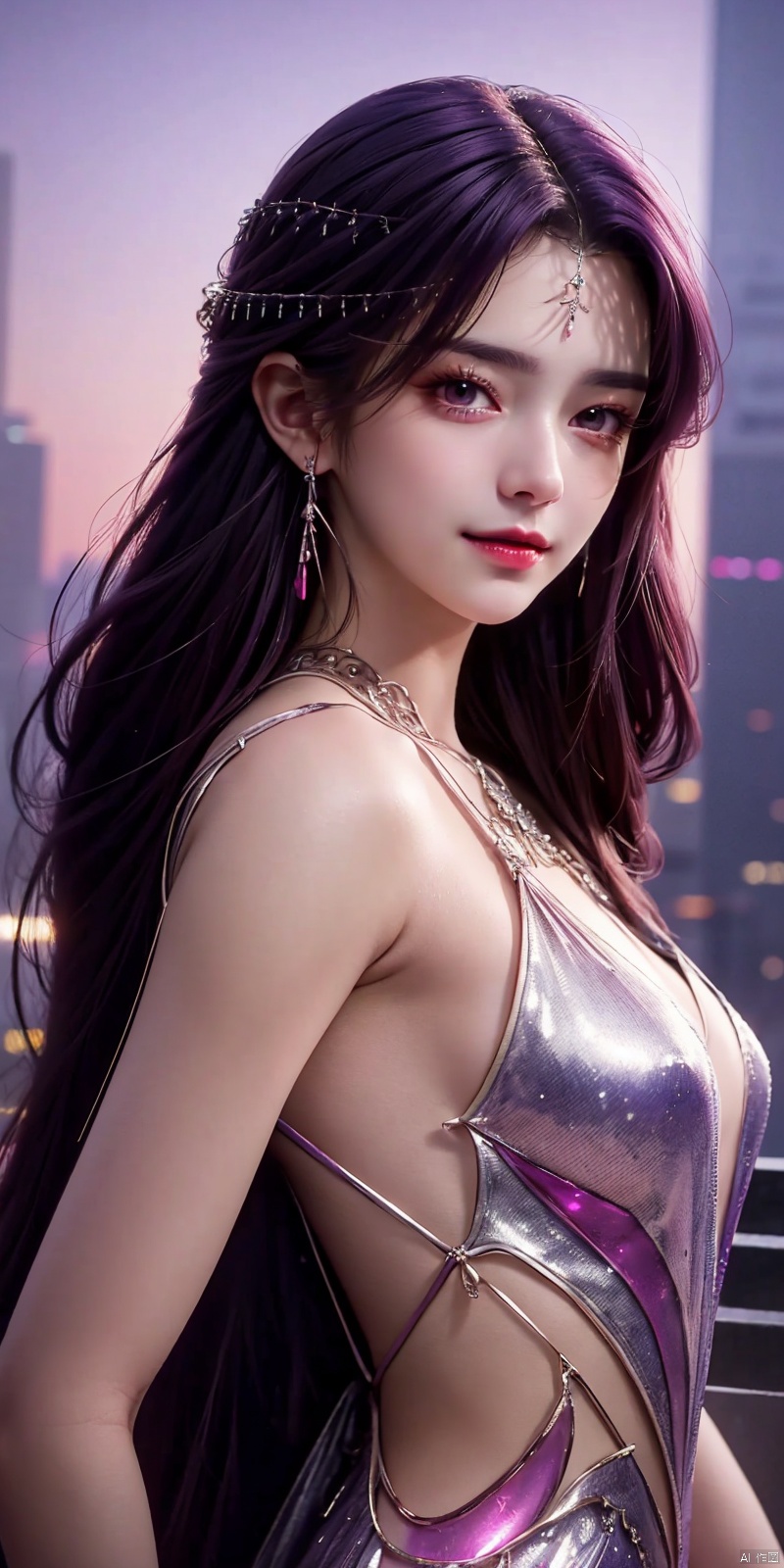  neonpunk style Neon noir leogirl,hANMEIMEI,realistic photography,,On the rooftop of a towering skyscraper,a girl stands,facing the camera directly. Behind her,a multitude of skyscrapers stretches into the distance,creating a breathtaking urban panorama. It's the perfect dusk moment,with the evening sun casting a warm glow on the girl's face,intensifying the scene's impact. The photo captures a sense of awe,with the sharpness and realism making every detail vivid and clear,Hair fluttered in the wind,long hair,halterneck, . cyberpunk, vaporwave, neon, vibes, vibrant, stunningly beautiful, crisp, detailed, sleek, ultramodern, magenta highlights, dark purple shadows, high contrast, cinematic, ultra detailed, intricate, professional, ((poakl)), Light master,, ,, dress, ,looking_at_viewer,kind smile,, yunxi