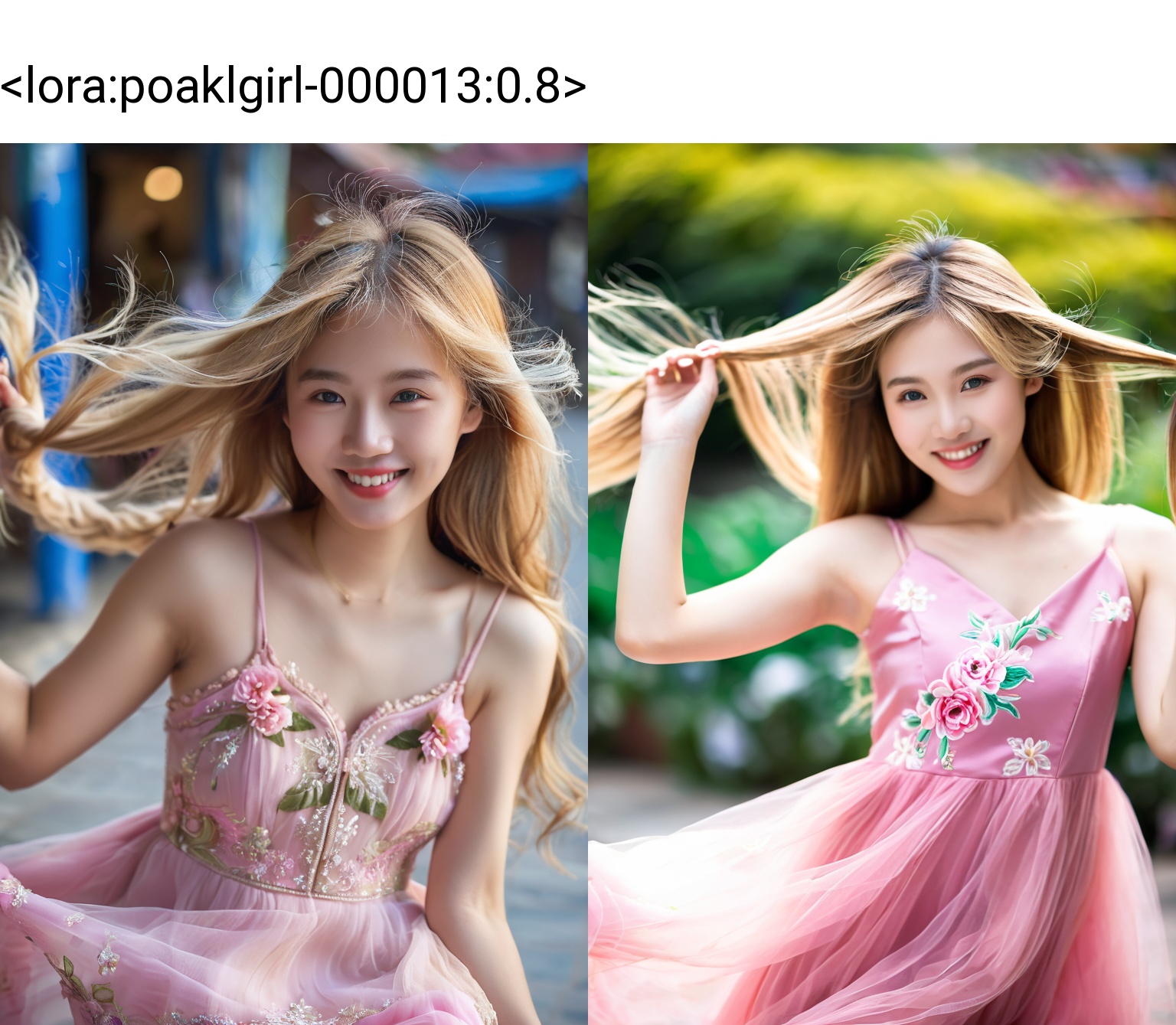 1 Asian girl,blonde hair,blue eyes,blurry,blurry background,blurry foreground,depth of field,dress,flower,hair intakes,long hair,looking at viewer,motion blur,pink dress,smile,solo,playing with own hair,masterpiece,best quality,intricate details,(poakl),((poakl)),<lora:poaklgirl-000013:0.8>,