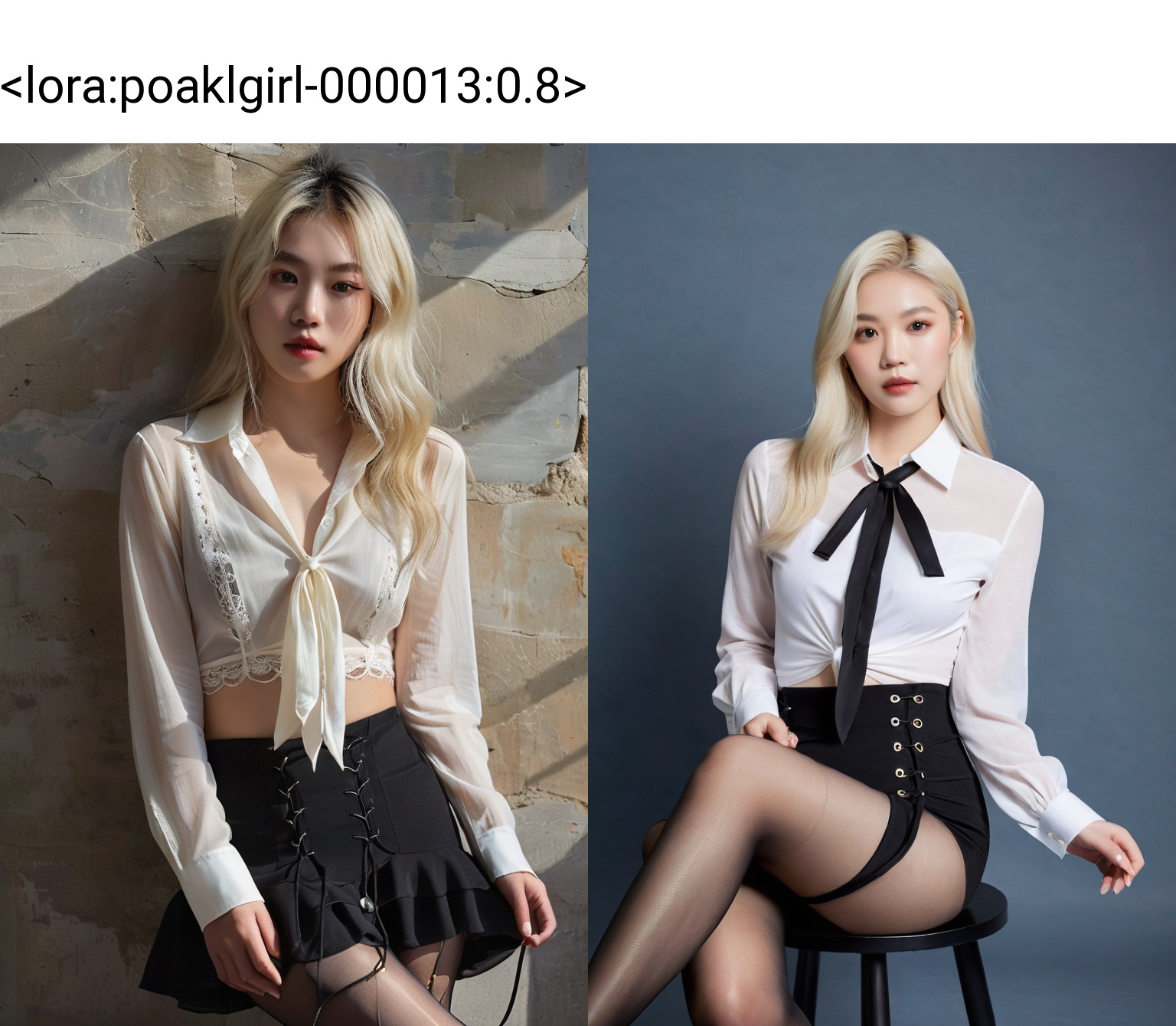 ( detailed realistic background:1),( official art, beautiful and aesthetic:1 ),realistic lighting,cinematic lighting,hyperrealism,soothing tones,muted colors,high contrast,soft light,sharp,artistic photoshoot,( cute, petite ),slender,Asian,pale cheeks,square face shape with angular jaw,natural "no-makeup" makeup,small breasts,platinum blonde hair,sleek and straight hair,wearing Button-down blouse with a tie-front detail and high-low hemline,Mermaid Skirt,sheer-to-waist pantyhose and lace-up heels,(poakl),((poakl)),<lora:poaklgirl-000013:0.8>,