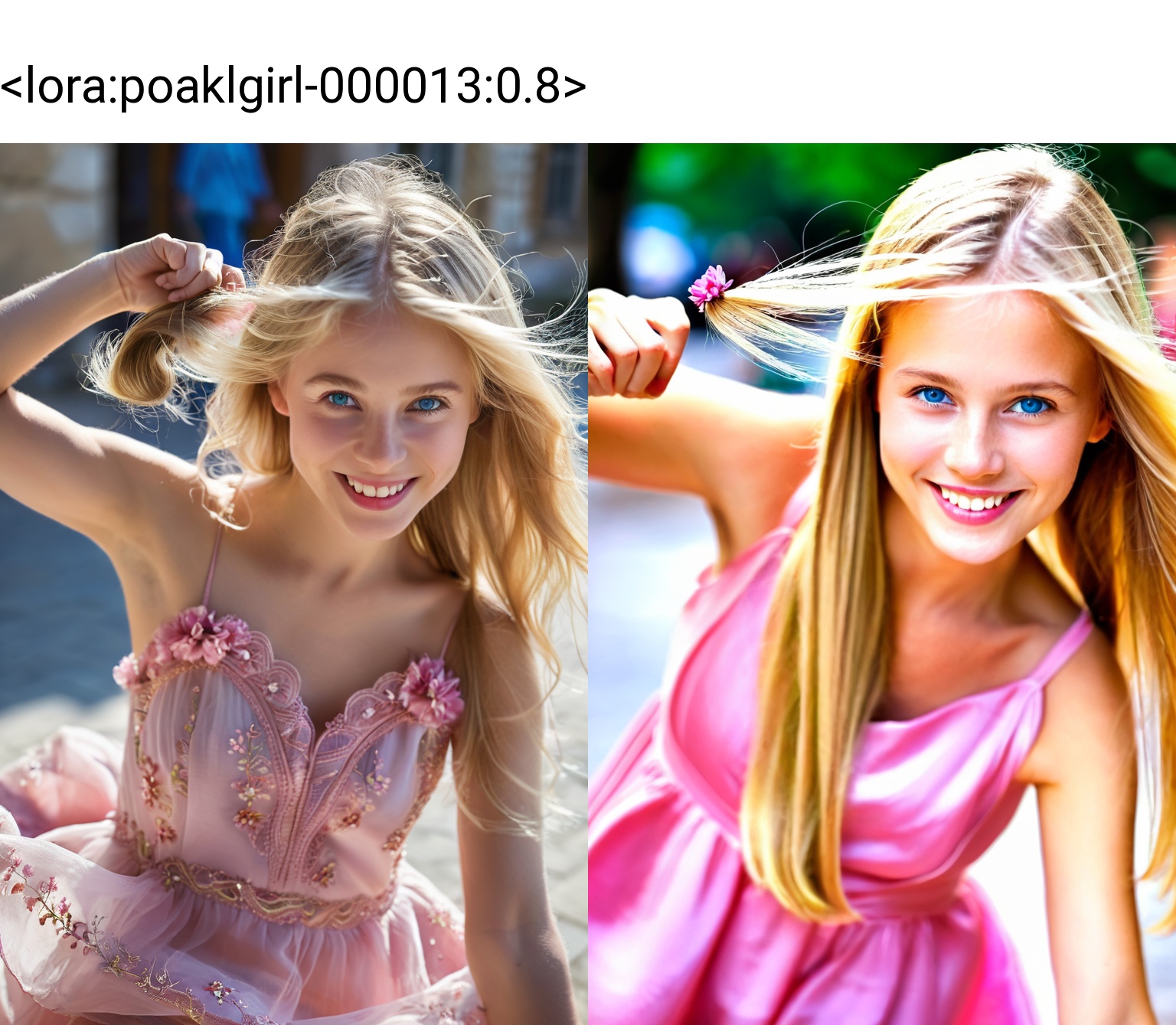 1girl, blonde hair, blue eyes, blurry, blurry background, blurry foreground, depth of field, dress, flower, hair intakes, long hair, looking at viewer, motion blur, pink dress, smile, solo, playing with own hair, masterpiece, best quality, intricate details,,(poakl),((poakl)),<lora:poaklgirl-000013:0.8>,