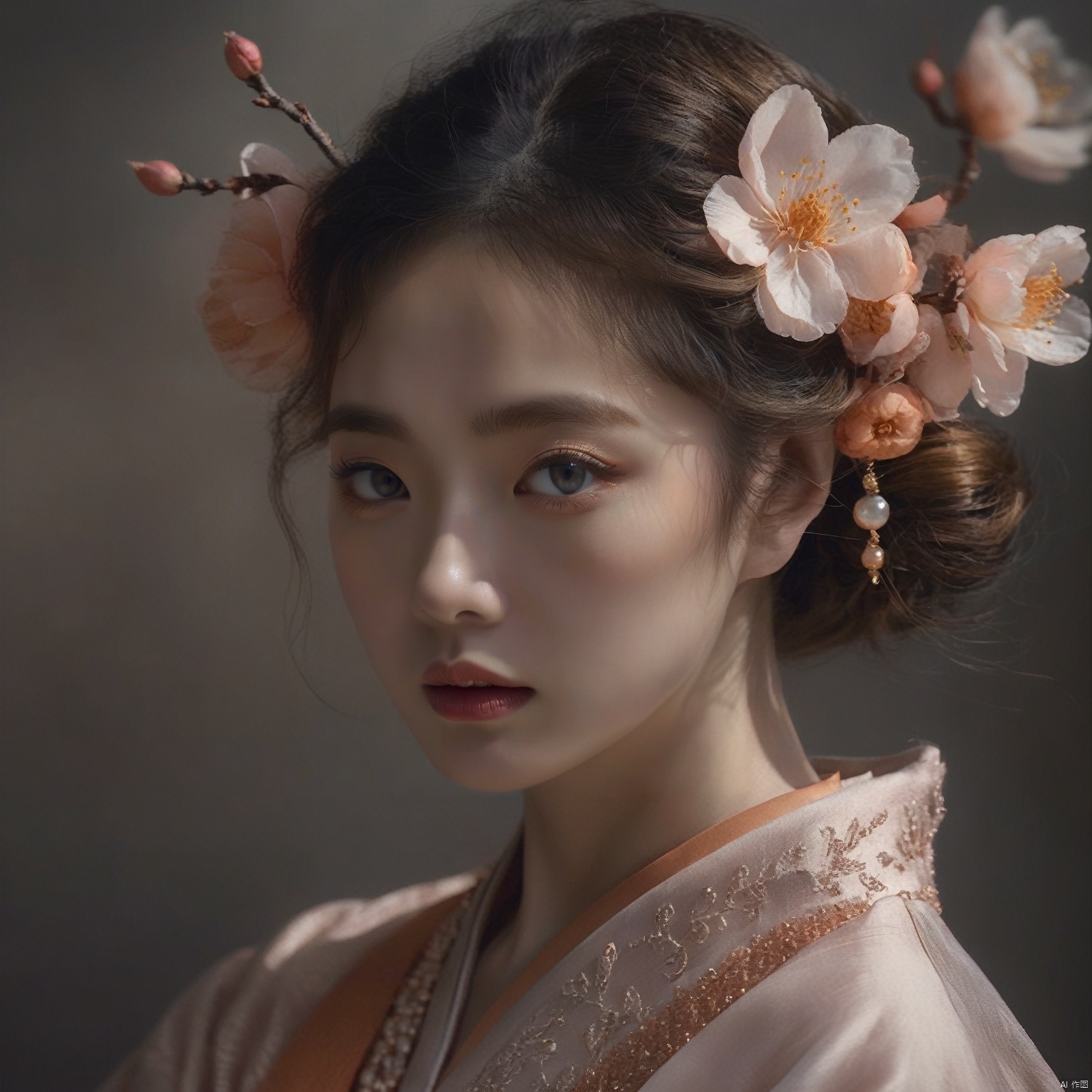  East Asian woman, traditional attire, ancient Chinese fashion, peach blossom hair accessory, delicate makeup, porcelain skin, ethereal beauty, expressive eyes, subtle gaze, windblown hair, sheer fabric, ornate patterns, gold and orange tones, fine jewelry, soft lighting, neutral background, close-up portrait, visual storytelling, femininity, elegance, cultural representation, serene expression, fashion photography,(poakl), ((poakl))
