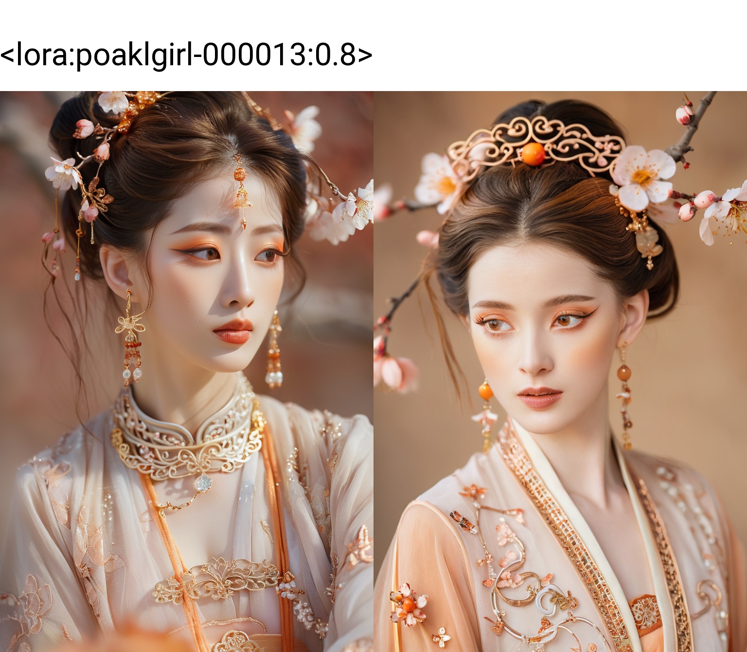 East Asian woman,traditional attire,ancient Chinese fashion,peach blossom hair accessory,delicate makeup,porcelain skin,ethereal beauty,expressive eyes,subtle gaze,windblown hair,sheer fabric,ornate patterns,gold and orange tones,fine jewelry,soft lighting,neutral background,close-up portrait,visual storytelling,femininity,elegance,cultural representation,serene expression,fashion photography,(poakl),((poakl)),<lora:poaklgirl-000013:0.8>,