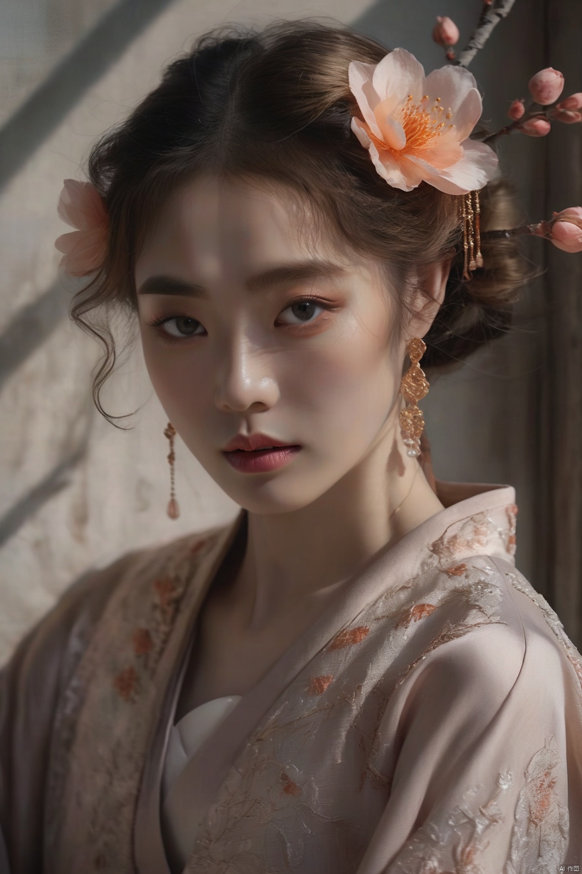  East Asian woman, traditional attire, ancient Chinese fashion, peach blossom hair accessory, delicate makeup, porcelain skin, ethereal beauty, expressive eyes, subtle gaze, windblown hair, sheer fabric, ornate patterns, gold and orange tones, fine jewelry, soft lighting, neutral background, close-up portrait, visual storytelling, femininity, elegance, cultural representation, serene expression, fashion photography,(poakl), ((poakl))