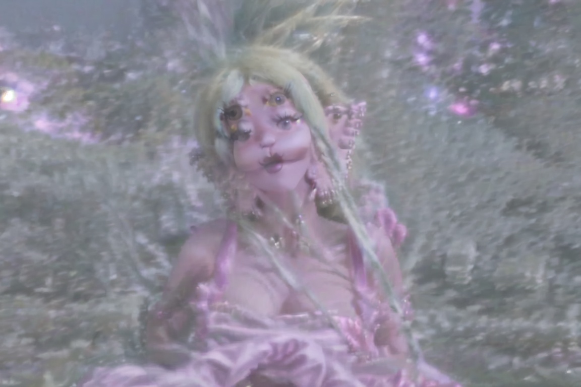 a woman with four eyes with green and blonde hair,  heavy hair,  silky pink dress on Tensor.Art