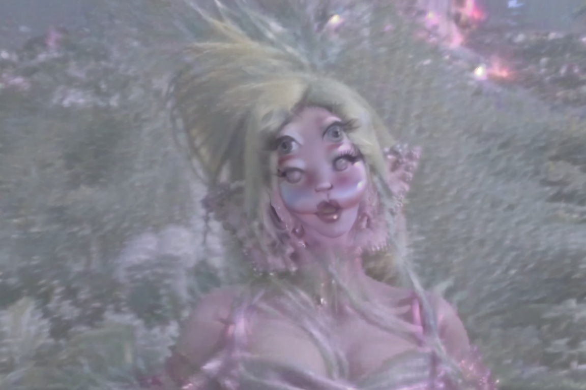 a woman with four eyes with green and blonde hair,  heavy hair,  silky pink dress on Tensor.Art