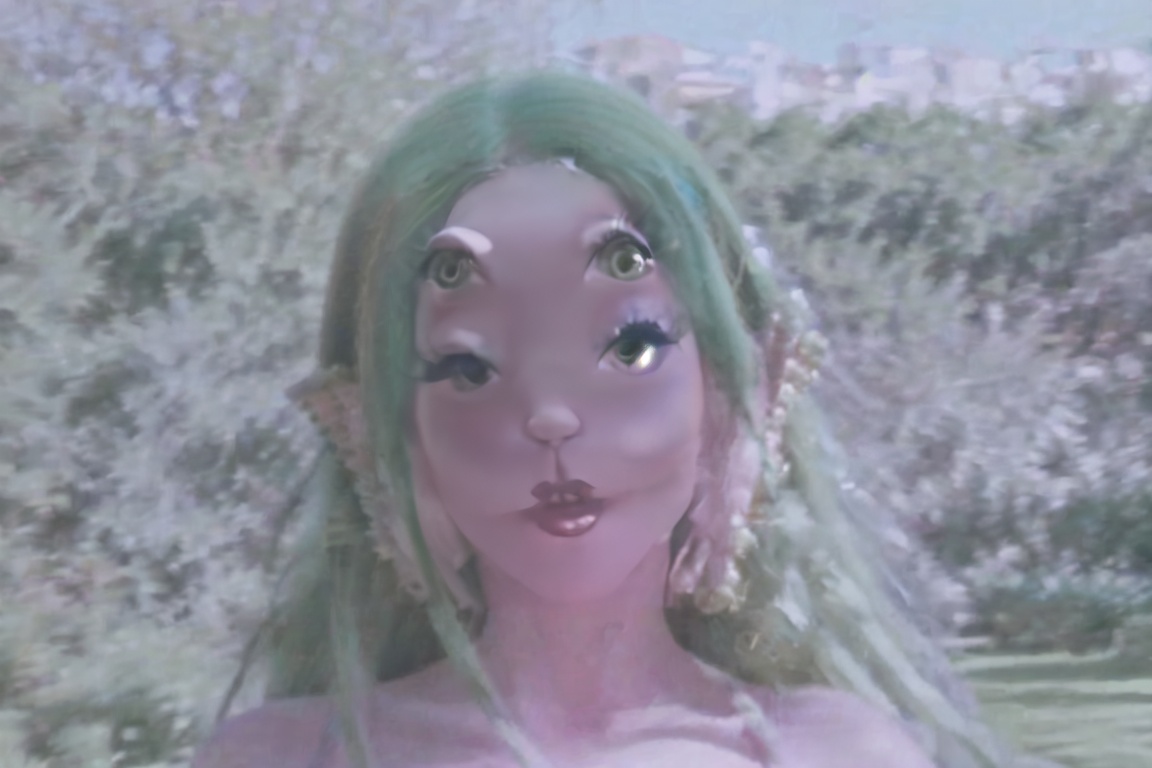 a woman with four eyes with green and blonde hair,  heavy hair,  silky pink dress on Tensor.Art