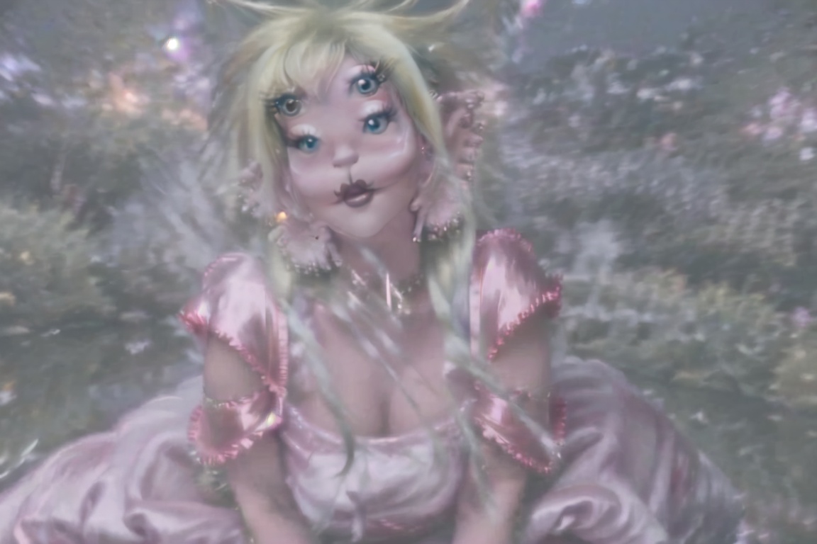 a woman with four eyes with green and blonde hair,  heavy hair,  silky pink dress on Tensor.Art