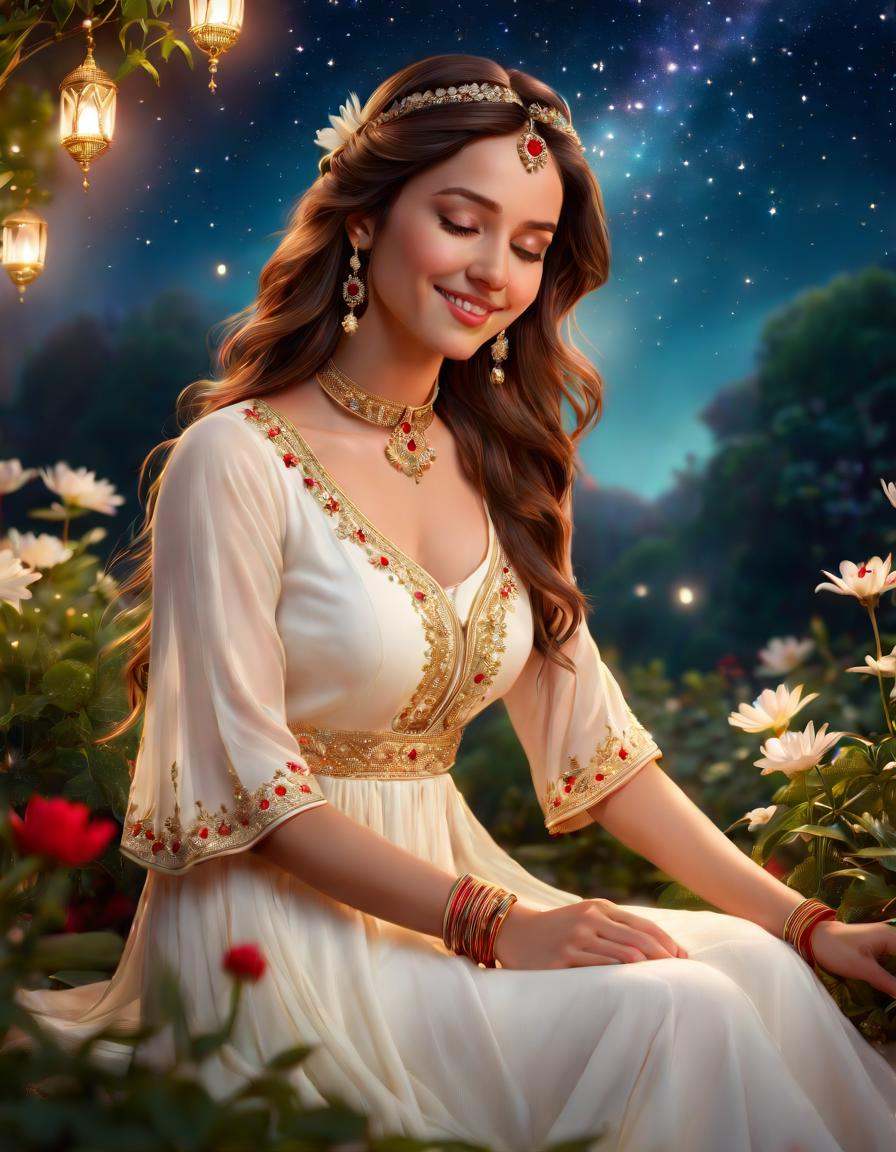 Portrait of a young woman with a peaceful smile,  sitting cross-legged in a lush garden under a starry night sky. She has...