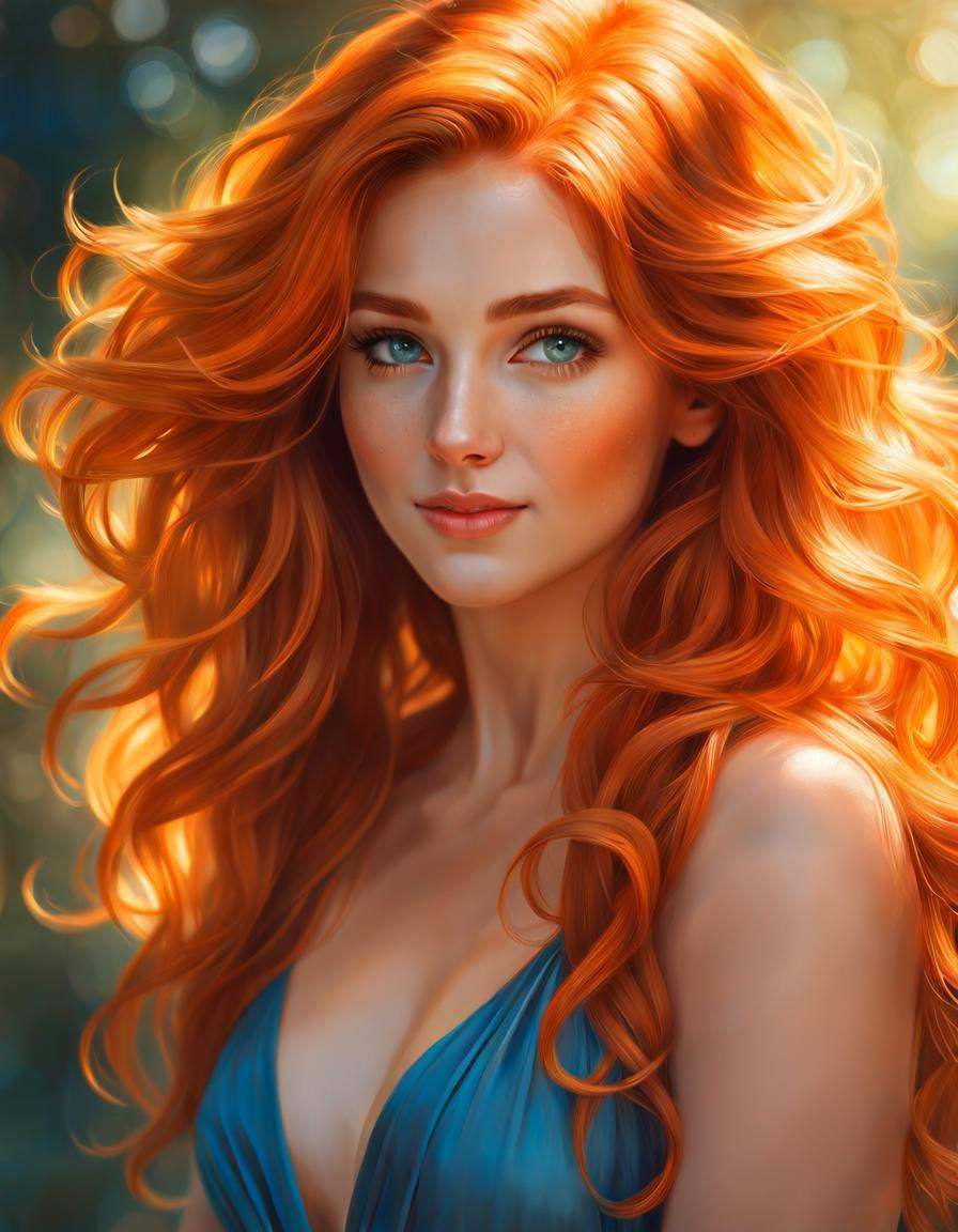 Portrait of a young woman with fiery orange hair cascading down her shoulders in loose,  bouncy curls. The sunlight bathes...