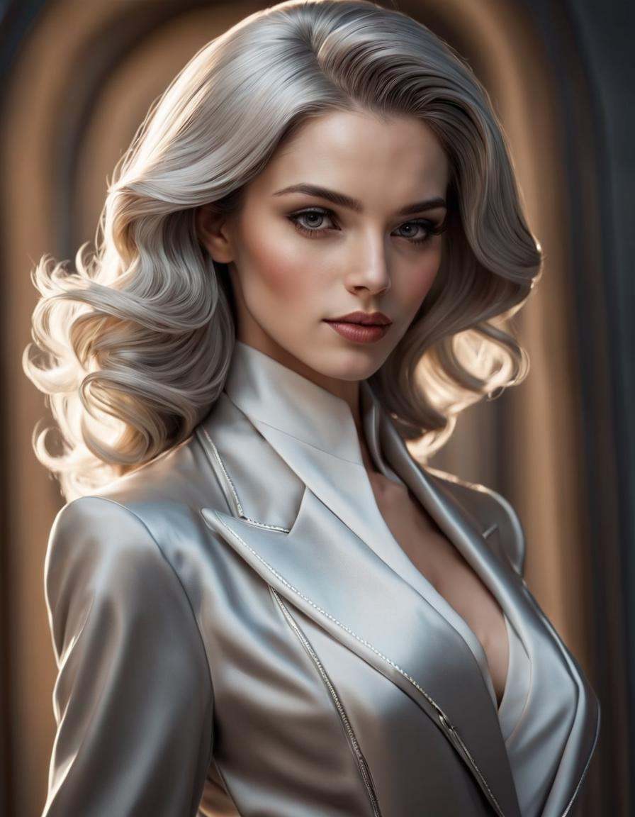 fflixmj6,  A striking image emerges; a woman dressed impeccably in a tailored grey suit,  her posture perfectly erect as s...