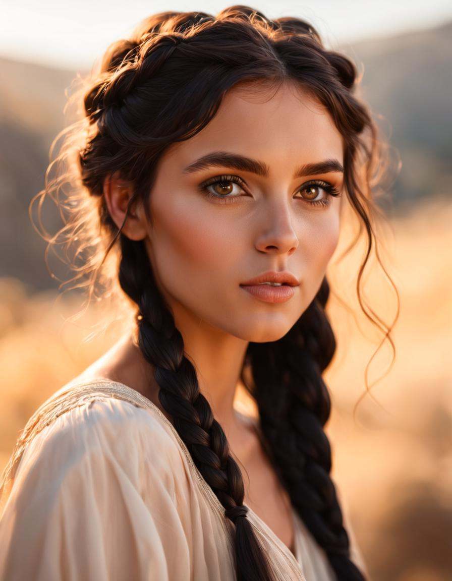 fflixmj6,  Portrait of a young woman with sun-kissed freckles scattered across her nose and cheeks,  her gaze locked direc...