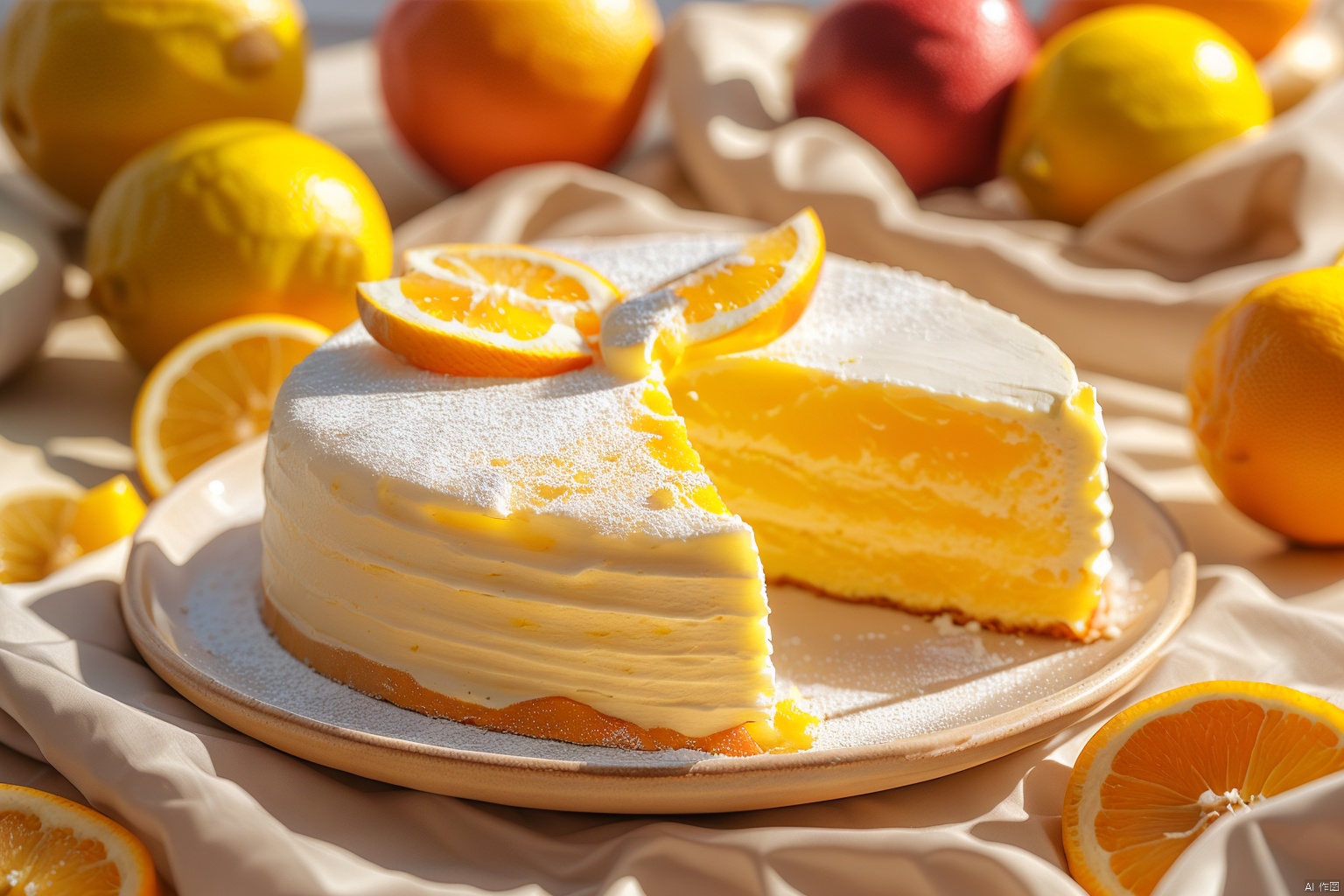 naiyou, food, ((fruit)), no humans, food focus, orange, blurry, orange slice, plate, still life, realistic, lemon, depth of field, lemon slice