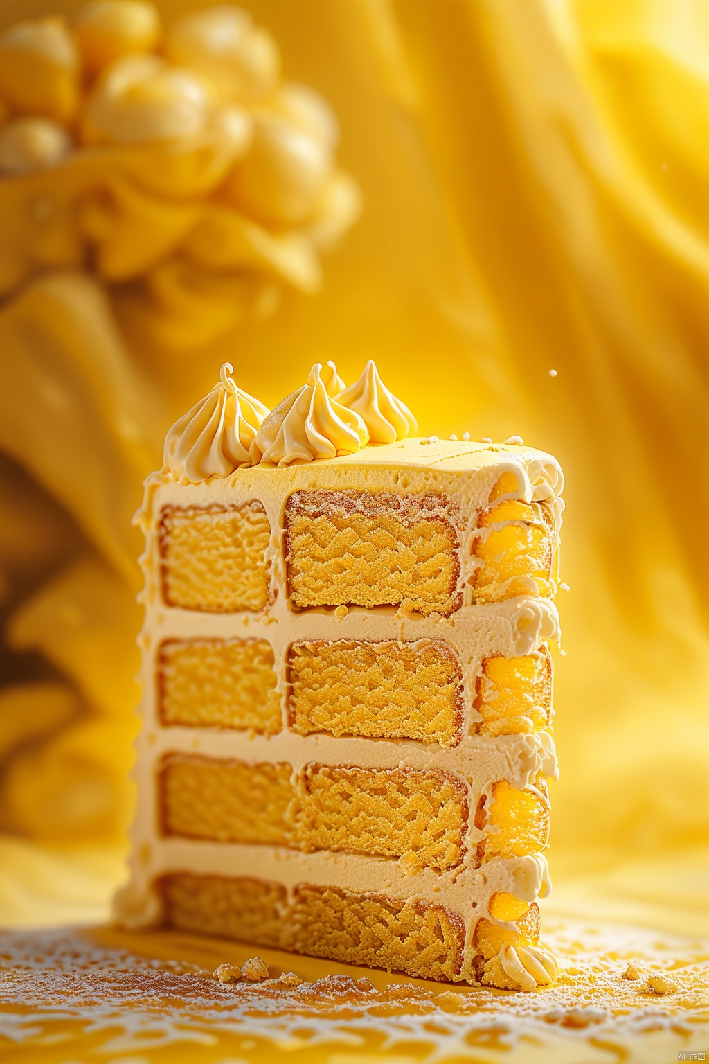 naiyou, no humans, food, food focus, cake, blurry, dessert, still life, pastry, yellow theme, cake slice, depth of field, orange theme, blurry background