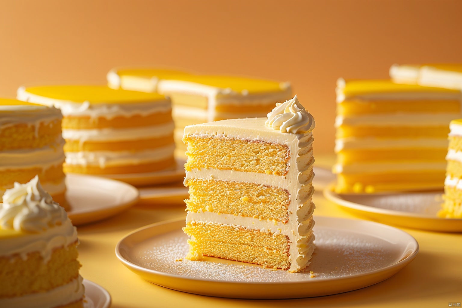 naiyou, No humans,Aerial photography, food, cake, food focus, blur, still life, multiple cake slices, diagonal composition, depth of field, Studio shooting,orange theme, blurry background