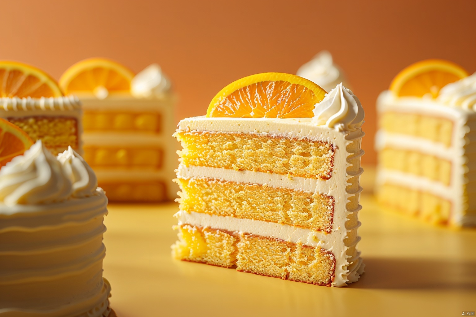 naiyou, No humans,Mid to Long Range, food, cake, food focus, blur, still life, multiple cake slices, diagonal composition, depth of field, Studio shooting,orange theme, blurry background