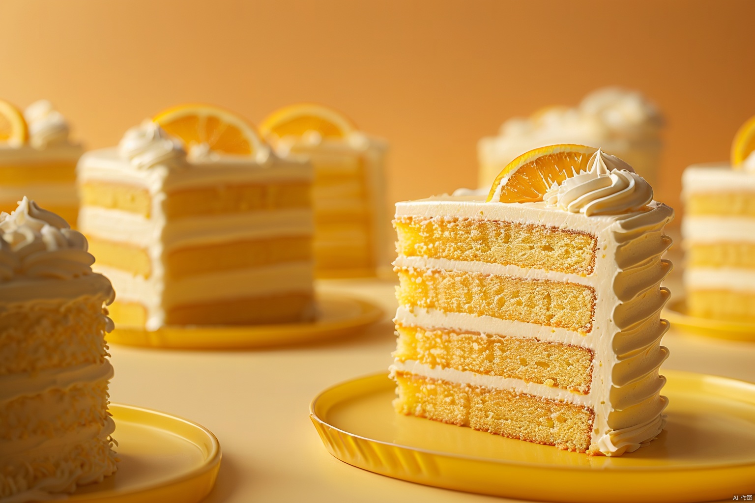 naiyou, No humans, food, cake, food focus, blur, still life, multiple cake slices, diagonal composition, depth of field, orange theme, blurry background