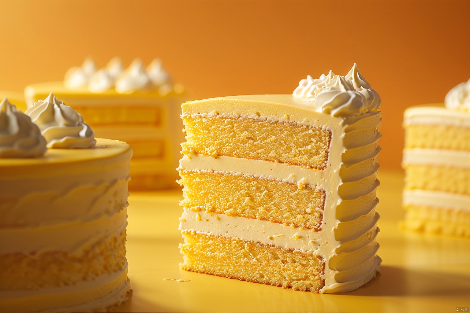 naiyou, No humans,Drone angle, food, cake, food focus, blur, still life, multiple cake slices, diagonal composition, depth of field, Studio shooting,orange theme, blurry background