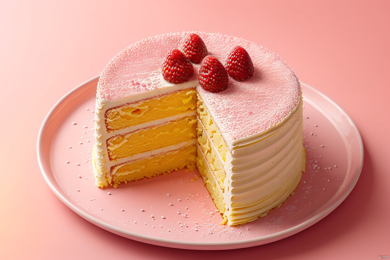 naiyou, no humans, food focus, food, fruit, plate, still life, fork, strawberry, cake, leaf, pink background, gradient background, realistic, gradient