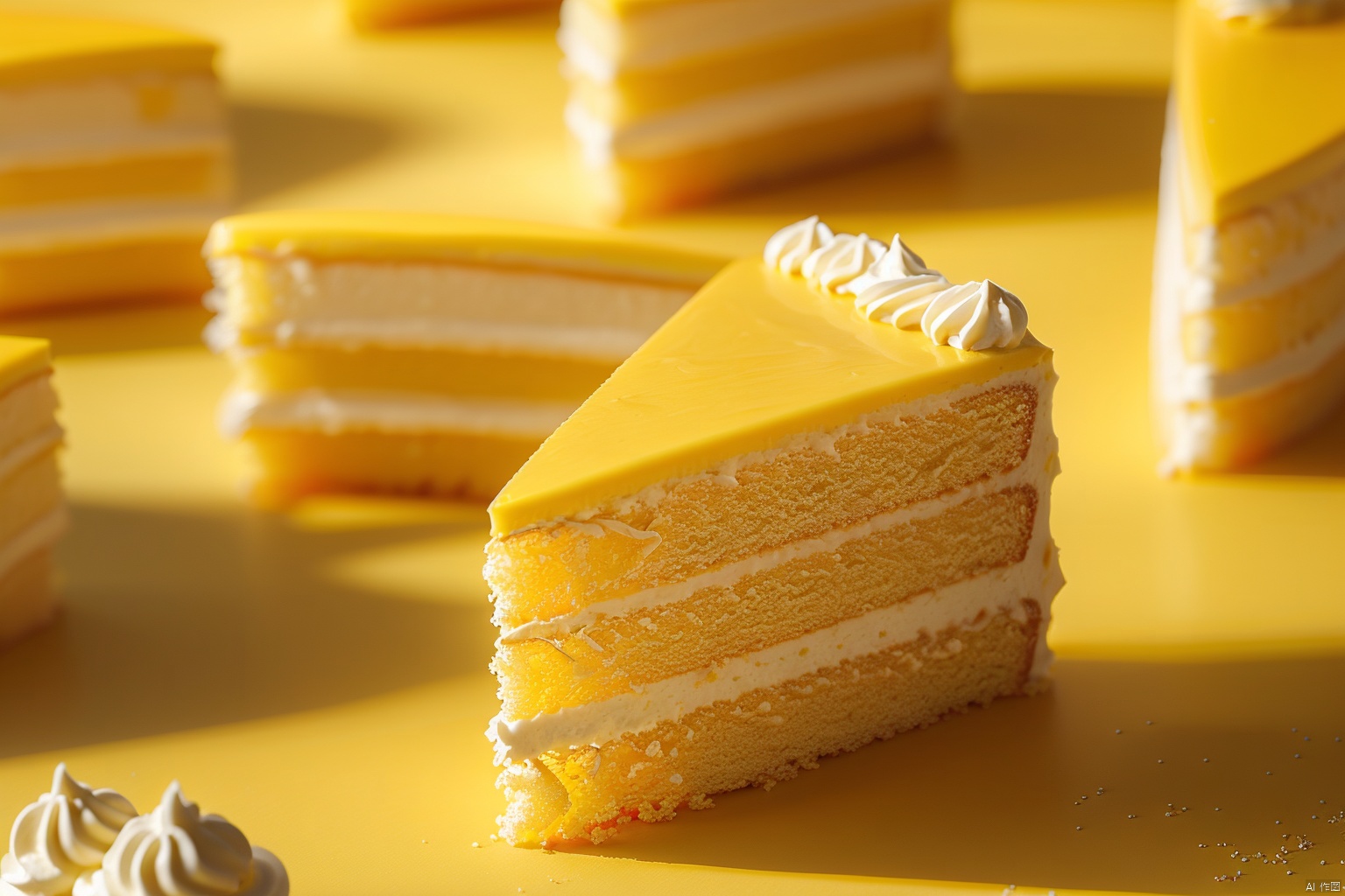 naiyou, No humans,Drone angle, food, cake, food focus, blur, still life, multiple cake slices, diagonal composition, depth of field, Studio shooting,orange theme, blurry background