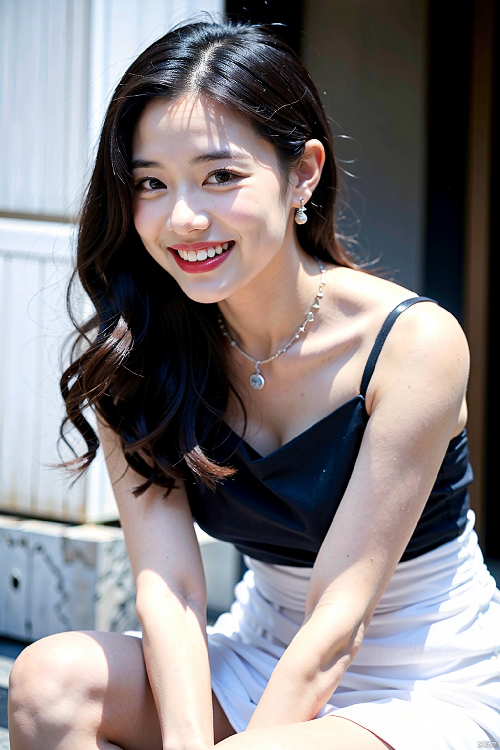 1girl, solo, looking at viewer, smile, black hair, dress, jewelry, teeth, necklace, white dress, grin, black eyes, makeup, lipstick, realistic