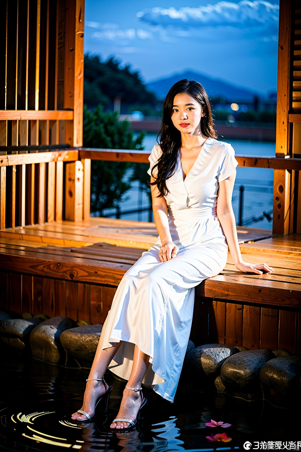 1girl, (best quality, masterpiece, ultra-high resolution, 4K, HDR, UHD, 64K, official art), (photorealistic:1.3, realistic:1.3),depth of field, outdoors, (night:1.3), (dim light), (onsen:1.2, flower arrangement:1.2),floating hair, long hair, dark brown hair, (full body:1.3), arms at sides, seductive pose, (wedge heels), (sitting:1.3), (large breasts), (solo_focus:1.2), looking_at_viewer,(fit and petite body, busty), (curvy:1.2), (under the water), (wet hair, wet shirt), (sitting in water), long dress