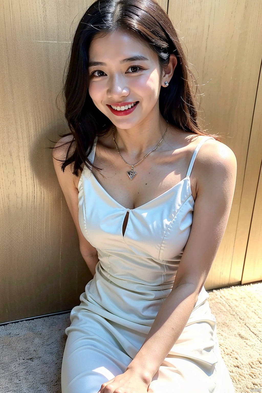 1girl, solo, looking at viewer, smile, black hair, dress, jewelry, teeth, necklace, white dress, grin, black eyes, makeup, lipstick, realistic