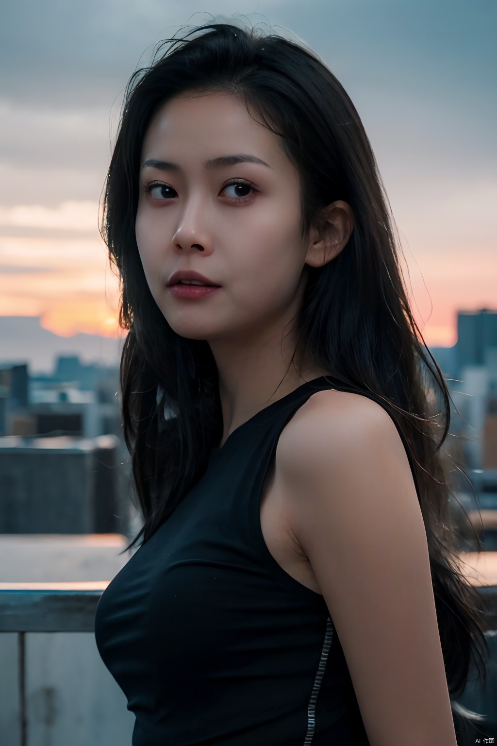  NSFW,Frontal photography,Look front,evening,dark clouds,the setting sun,On the city rooftop,A 20 year old female,Black top,Black Leggings,black hair,long hair, dark theme, muted tones, pastel colors, high contrast, (natural skin texture, A dim light, high clarity) ((sky background))((Facial highlights)), Light master, 1girl,yuzu, lichun