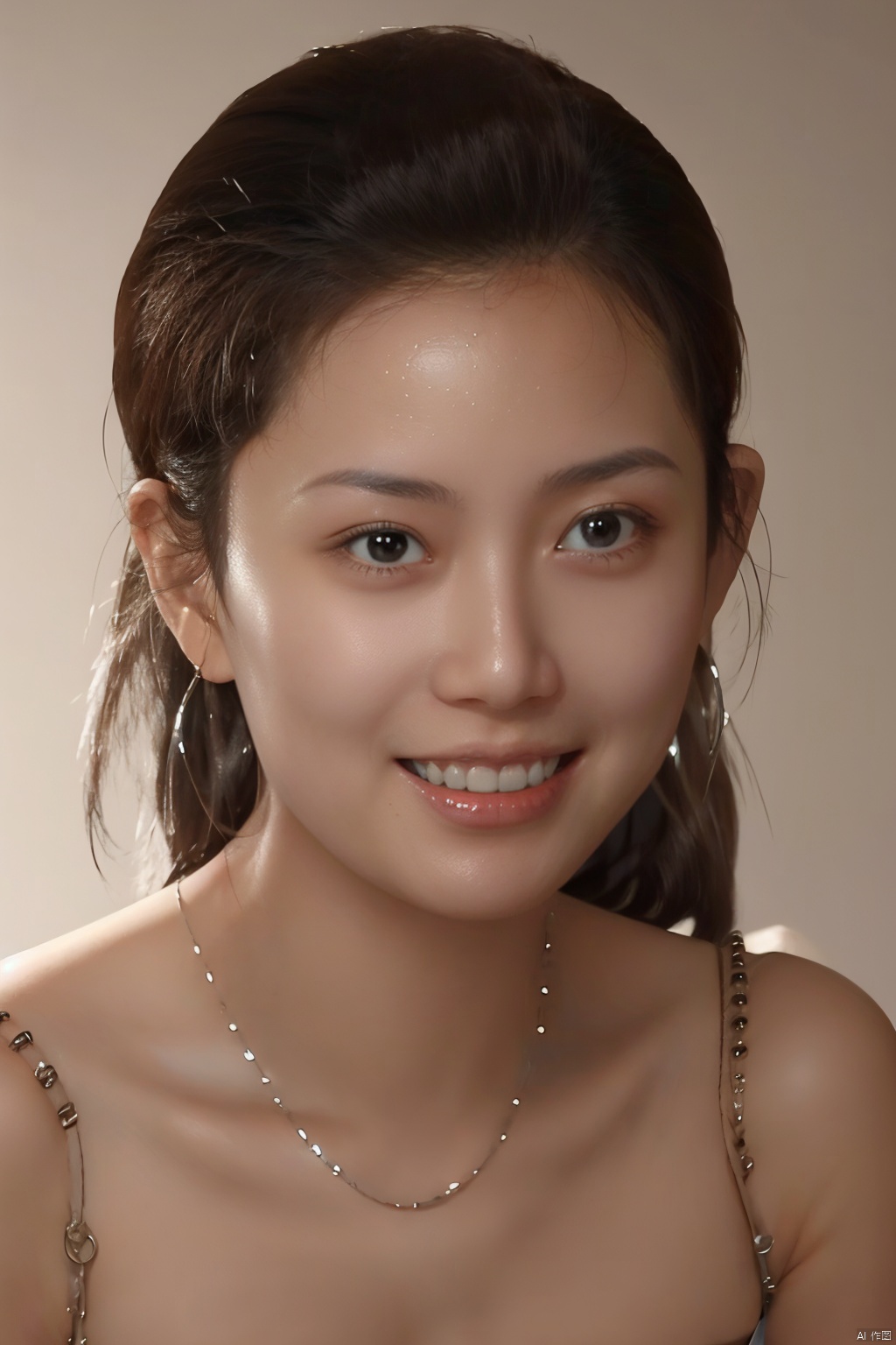  (close up portrait of a woman of east asian descent),happy and smile expression, Cleavage, low cut shirt,looking at camera, slight stubble, dark hair with undercut hairstyle, clean skin, brown eyes, wearing dark shirt, soft lighting, gray background, shallow depth of field, high-resolution image, studio shot, headshot, photographic realism., masterpiece, best quality, aunt, 1girl, girl, Light master