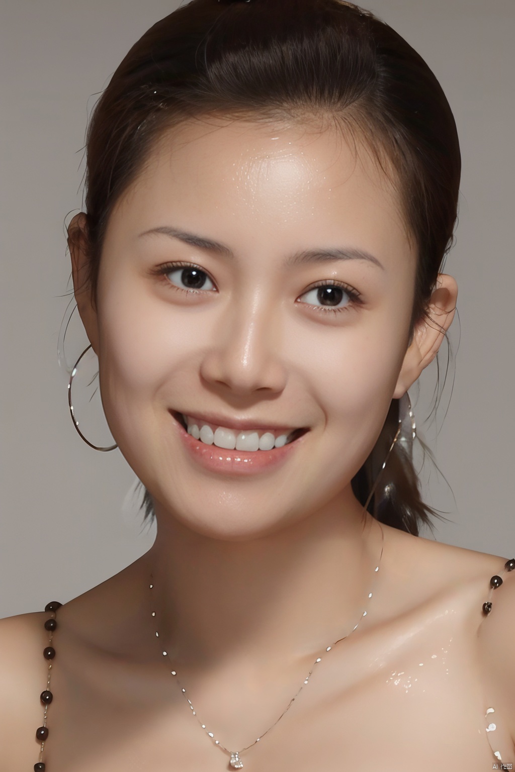 (close up portrait of a woman of east asian descent),happy and smile expression, Cleavage, low cut shirt,looking at camera, slight stubble, dark hair with undercut hairstyle, clean skin, brown eyes, wearing dark shirt, soft lighting, gray background, shallow depth of field, high-resolution image, studio shot, headshot, photographic realism., masterpiece, best quality, aunt, 1girl, girl, Light master