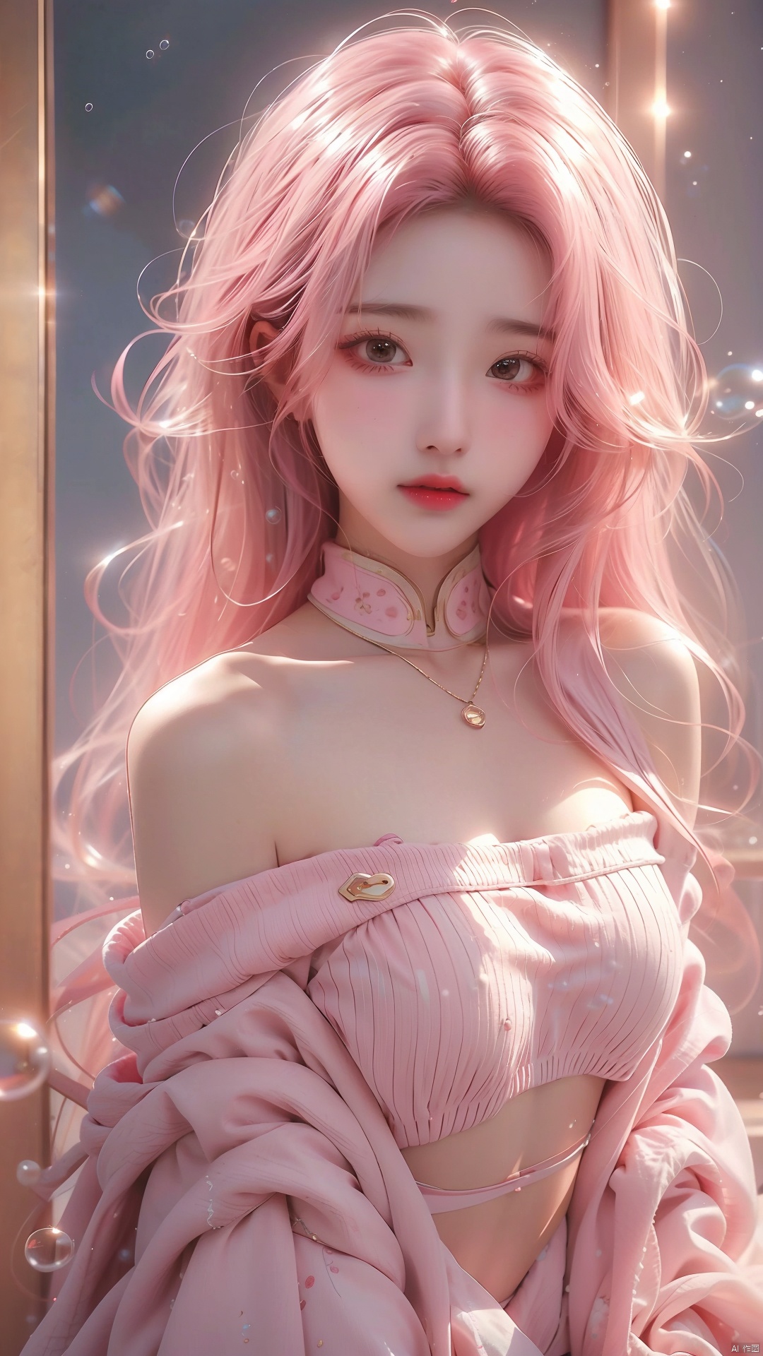  bubble,pink hair,High quality, masterpiece, Portrait,cinematic texture,1girl,sexy_sweater, navel,Scarf,Off shoulder, (\meng ze\)