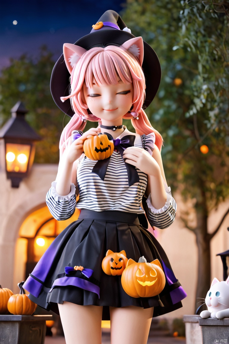  girl, solo, witch hat, shirt, hat, animal ears, white shirt, closed eyes, facing viewer, pink hair, bow, skirt, hair ornament, twintails, blush, closed mouth, polka dot scrunchie, long sleeves, cat ears, smile, halloween bucket, animal ear fluff, frilled skirt, halloween, good shade, long hair, ^ ^, bangs, pink bow, holding, bat hair ornament, black skirt, striped, striped bow, frills, sleeveless, polka dot, food, very long hair, black headwear, polka dot bow, hands up, sleeves past wrists, black bow, detached sleeves, purple bow, purple skirt, cat girl, hat bow, black sailor collar
