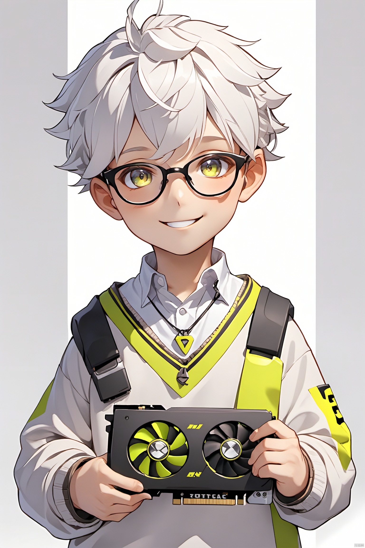 ZOTAC, solo, looking at viewer, blush, smile, 1boy, holding,Graphics card,  upper body, male focus, glasses, necklace, sweater,
