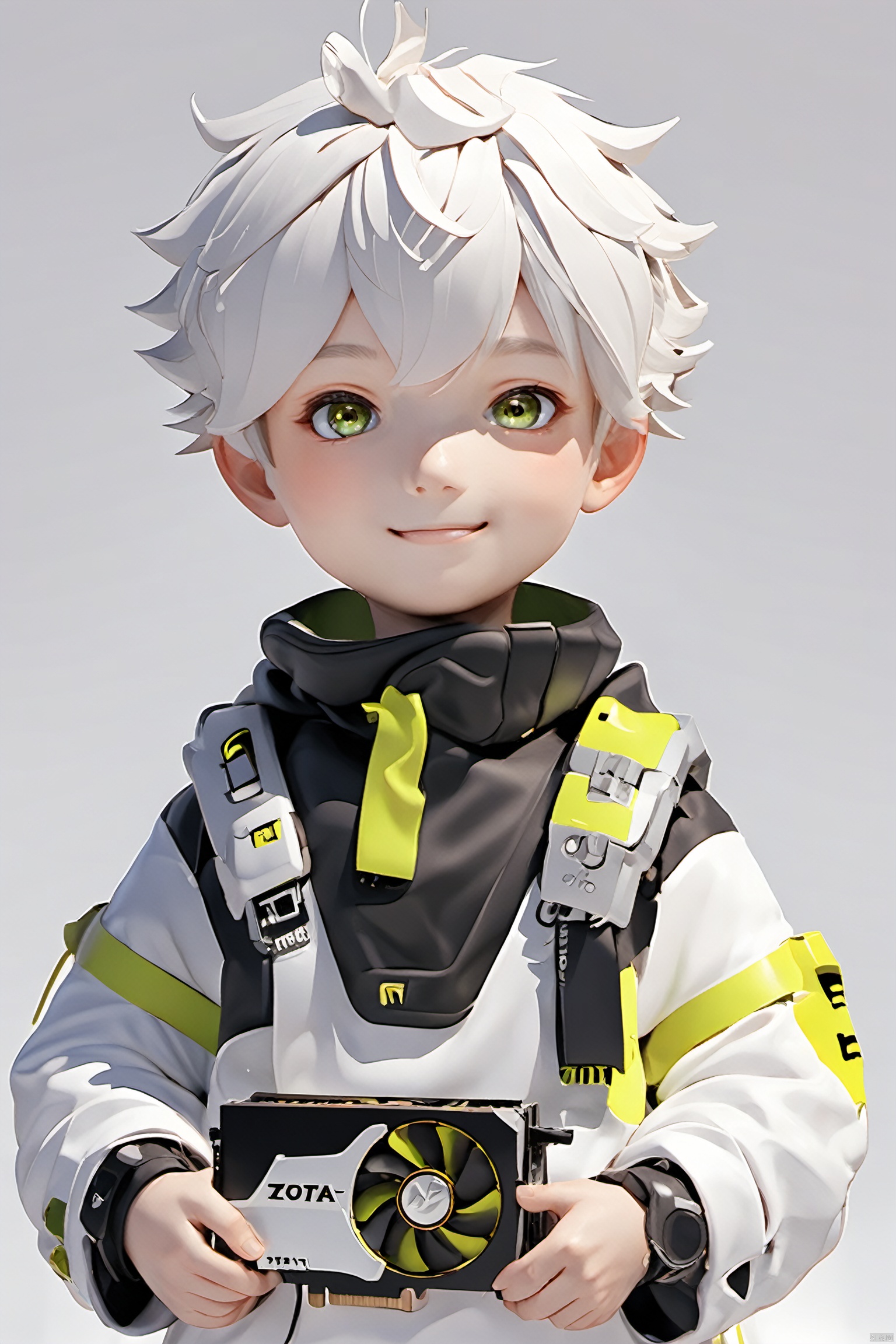 ZOTAC, solo, looking at viewer, blush, smile, 1boy, holding,Graphics card,  upper body, male focus, necklace, ZOTAC