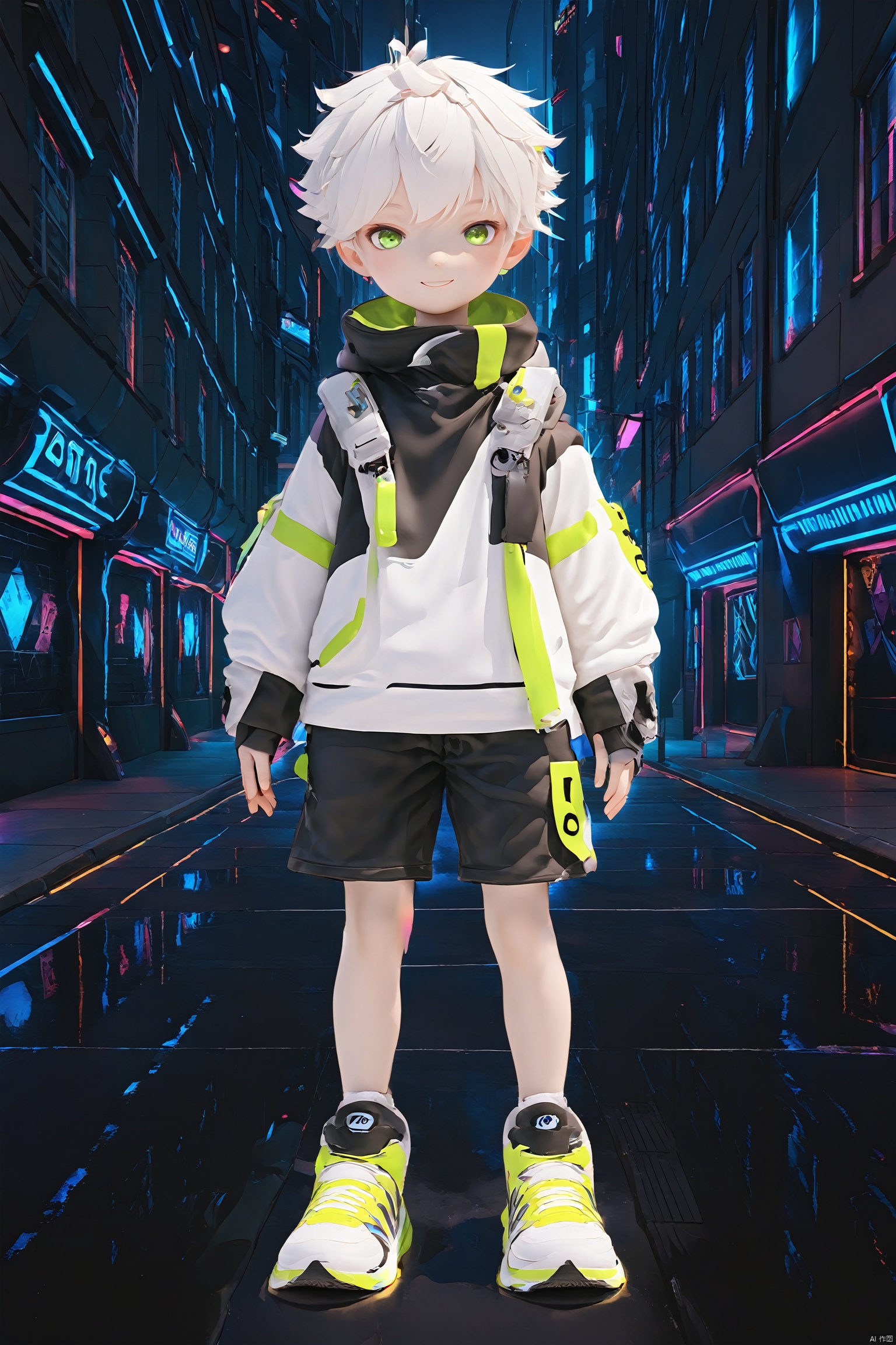 solo, looking at viewer, gloves, long sleeves, 1boy, smile, standing, jacket, full body, male focus, outdoors, shoes, shorts, night, black shorts, white jacket, building, sneakers, child, city, neon lights, ZOTAC