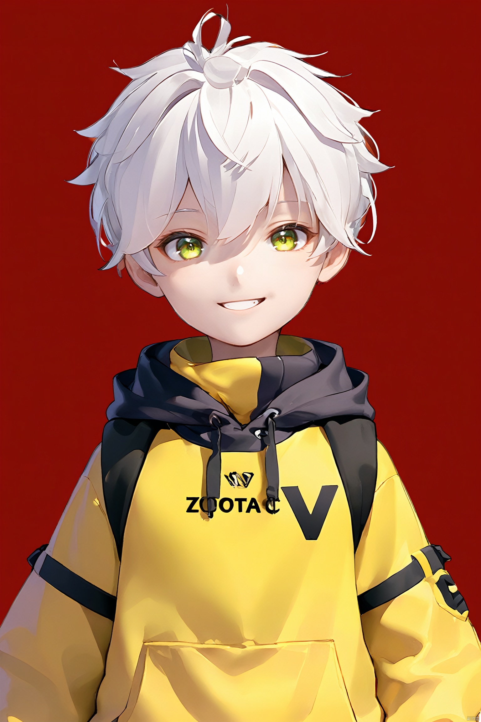  green eyes,solo, looking at viewer, 1boy, red background, smile, male focus,drawstring, ZOTAC