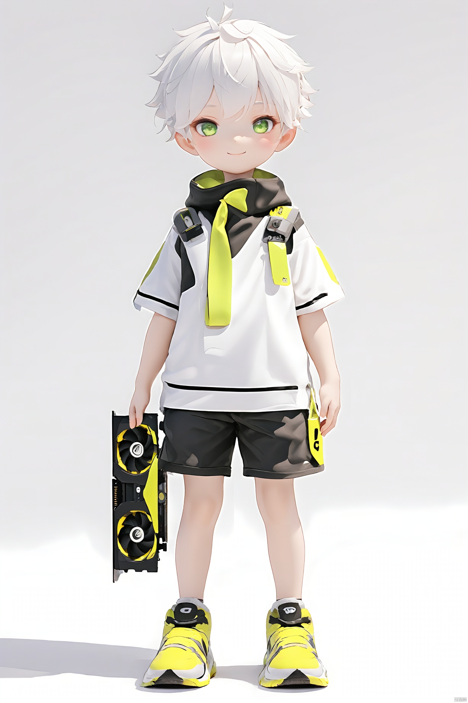  ZOTAC,(masterpiece), (best quality), solo,full body, looking at viewer, blush, smile, short hair, shirt, green_eyes, white hair, 1boy, Holding a graphics card, 