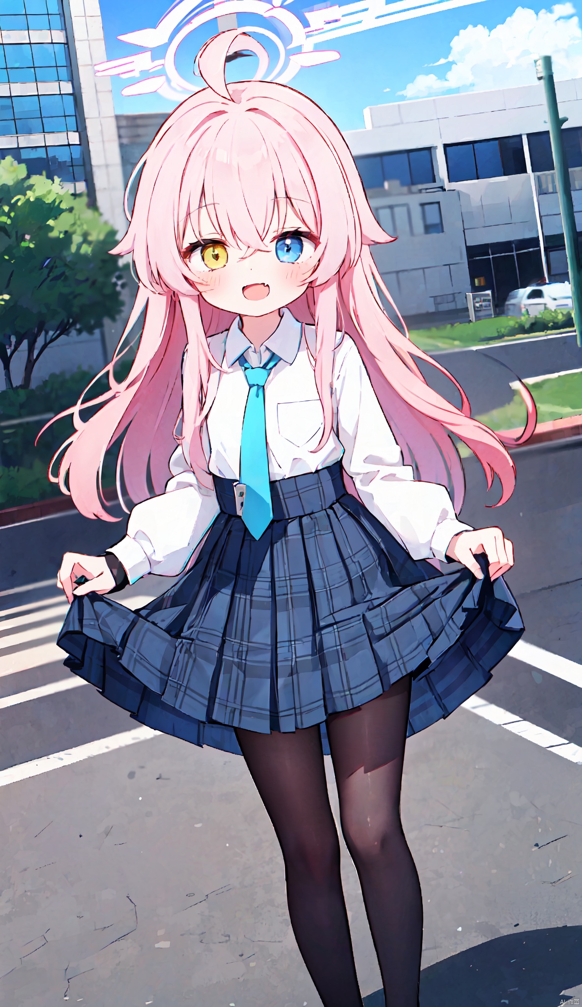  1girl, solo, long hair, looking at viewer, smile, open mouth, bangs, blue eyes, skirt, shirt, gloves, long sleeves, hair between eyes, very long hair, yellow eyes, white shirt, pink hair, ahoge, pleated skirt, outdoors, necktie, black gloves, fang, puffy sleeves, collared shirt, fingerless gloves, black skirt, plaid, heterochromia, halo, plaid skirt, building, puffy long sleeves, blue necktie, skirt hold, hoshino \(blue archive\)