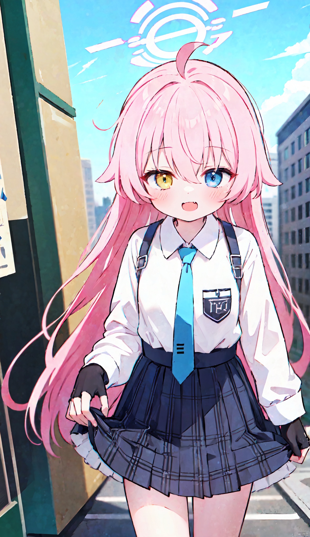  1girl, solo, long hair, looking at viewer, smile, open mouth, bangs, blue eyes, skirt, shirt, gloves, long sleeves, hair between eyes, very long hair, yellow eyes, white shirt, pink hair, ahoge, pleated skirt, outdoors, necktie, black gloves, fang, puffy sleeves, collared shirt, fingerless gloves, black skirt, plaid, heterochromia, halo, plaid skirt, building, puffy long sleeves, blue necktie, skirt hold, hoshino \(blue archive\)