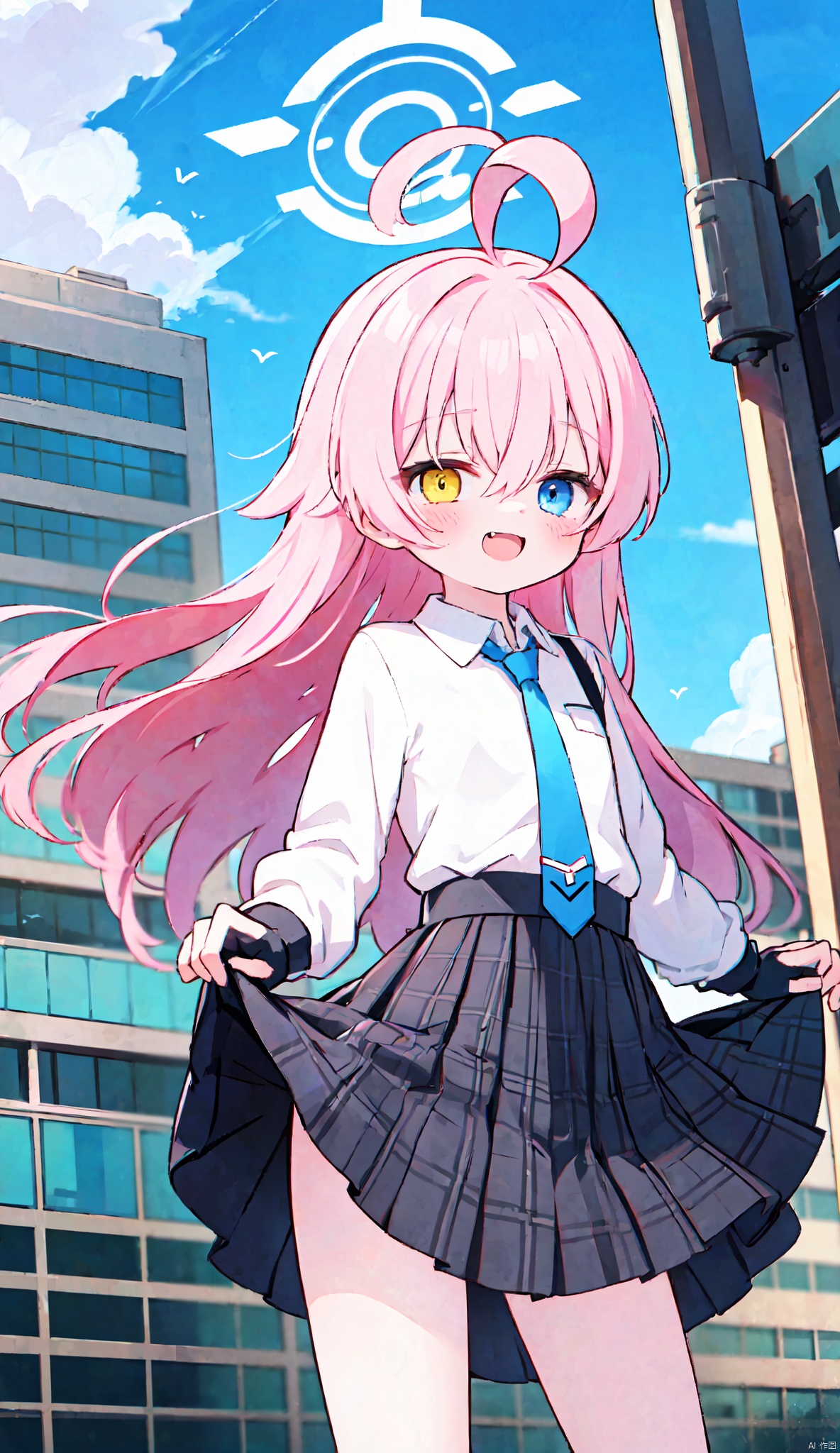  1girl, solo, long hair, looking at viewer, smile, open mouth, bangs, blue eyes, skirt, shirt, gloves, long sleeves, hair between eyes, very long hair, yellow eyes, white shirt, pink hair, ahoge, pleated skirt, outdoors, necktie, black gloves, fang, puffy sleeves, collared shirt, fingerless gloves, black skirt, plaid, heterochromia, halo, plaid skirt, building, puffy long sleeves, blue necktie, skirt hold, hoshino \(blue archive\)