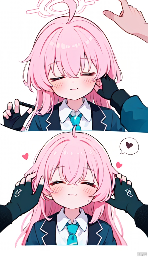 long hair, blush, smile, bangs, multiple girls, skirt, simple background, shirt, gloves, long sleeves, white background, holding, 2girls, hair between eyes, very long hair, closed mouth, closed eyes, white shirt, pink hair, ahoge, pleated skirt, necktie, solo focus, black gloves, collared shirt, fingerless gloves, blurry, plaid, pov, halo, box, gift, blue necktie, valentine, pov hands, hand on another's face, aqua necktie, heart-shaped box, hand on another's cheek, hoshino \(blue archive\)
