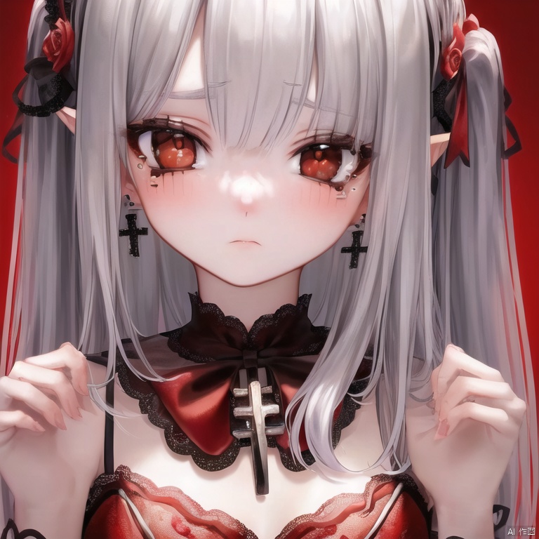 Gothic,  night,  snow,  game_cg,  little girl,  loli,  kawaii,  loli,  solo, kawaii, young girl,  silver hair,  red pupils,  loli, medium hair, ((delicate face, face close-up)), light blush, small breasts, cute face,  white colored eyelashes, Lace neckband, ((Gothic style red dress,  bowtie,  flower ribbon,  red cape)), ((Castle ruins surrounded by flames 🔥, delicate face, 😶))((loli, kawaii, young girl, Red dress , small breasts, small breasts, castle)), (oil painting \(medium\):1.2), face close-up, Front, silver hair,  hair down,  straight hair,  hair strand,  (extremely detailed CG unity 8k wallpaper), (oil painting \(medium\):1.5), (medium breasts, medium hairs), ((delicate face, red eyes, kawaii))((an extremely delicate and beautiful)), elf, lace neckband,  Gothic style red dress,  cross necklace, hair over eyes,  black hairband, (delicate face, kawaii, )pale skin,  pointed ears,  small breasts,  ruby earrings,  moonlight,  darkness,  roses,  loneliness,  indifferent expression, masterpiece,  best quality,  official art, extremely detailed CG unity 8k wallpaper, (extremely detailed CG unity 8k wallpaper), (medium hairs), (extremely detailed CG unity 8k wallpaper), (((extremely detailed face and eyes, extremely beautiful and delicate face and eyes, wallpaper,  extremely detailed face and eyes, fluttered detailed surroundings, extremely detailed CG unity 8k wallpaper, amazing, highly detailed, ))(best illustration), (best shadow),  ((an extremely delicate and beautiful)), ((an extremely delicate and beautiful)), red eyes,  expressionless eyes,  sleepy,  white long hair,  Gothic headwear,  red lace,  pale skin,<lora:EMS-299412-EMS:0.700000>,<lora:EMS-291252-EMS:0.000000>,<lora:EMS-297683-EMS:0.000000>